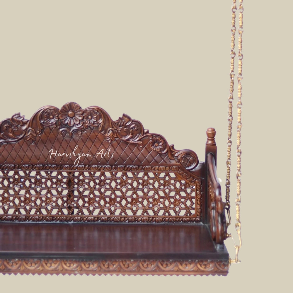 84" Teak Wood HandCarved Designer Traditional Swing with Brass Chains