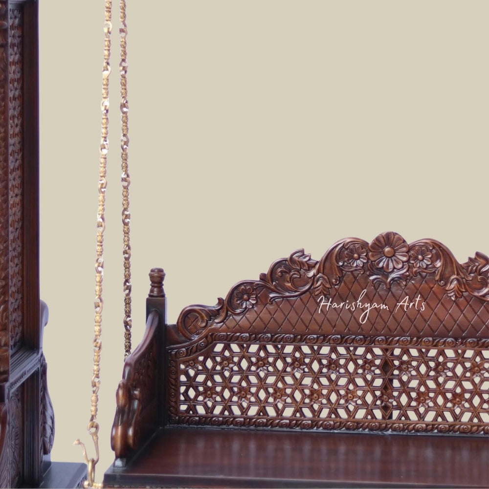 84" Teak Wood HandCarved Designer Traditional Swing with Brass Chains