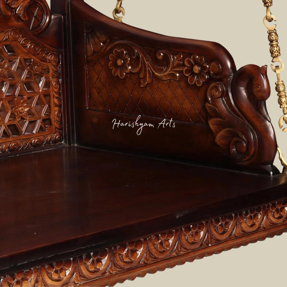 84" Teak Wood HandCarved Designer Traditional Swing with Brass Chains