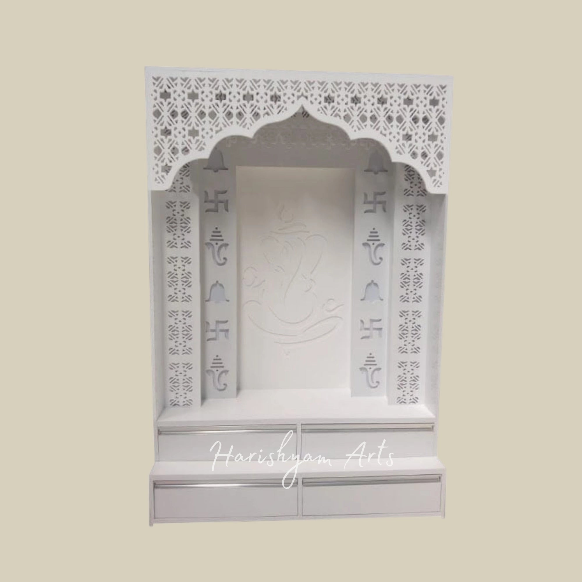 84" White Corian Mandir with Ganesh ji Backlit Panel
1