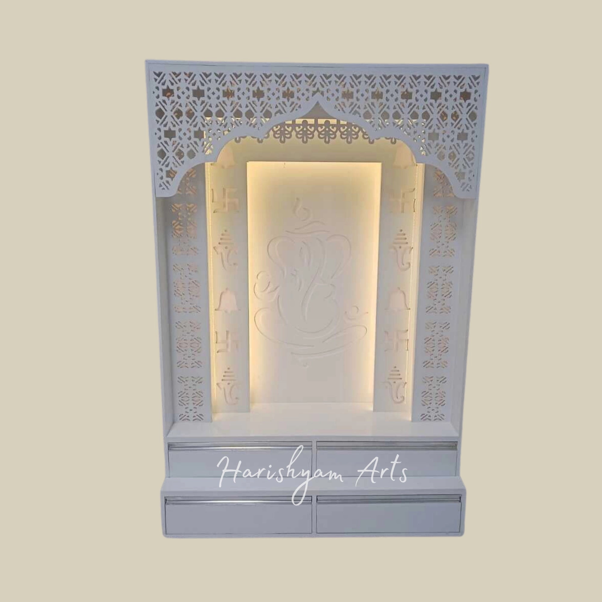 84" White Corian Mandir with Ganesh ji Backlit Panel
2