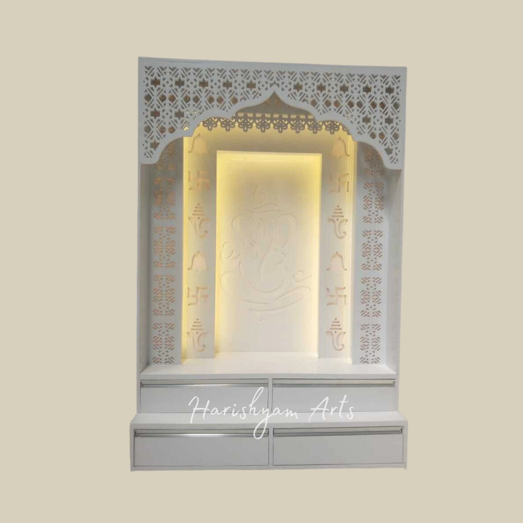 84" White Corian Mandir with Ganesh ji Backlit Panel
3