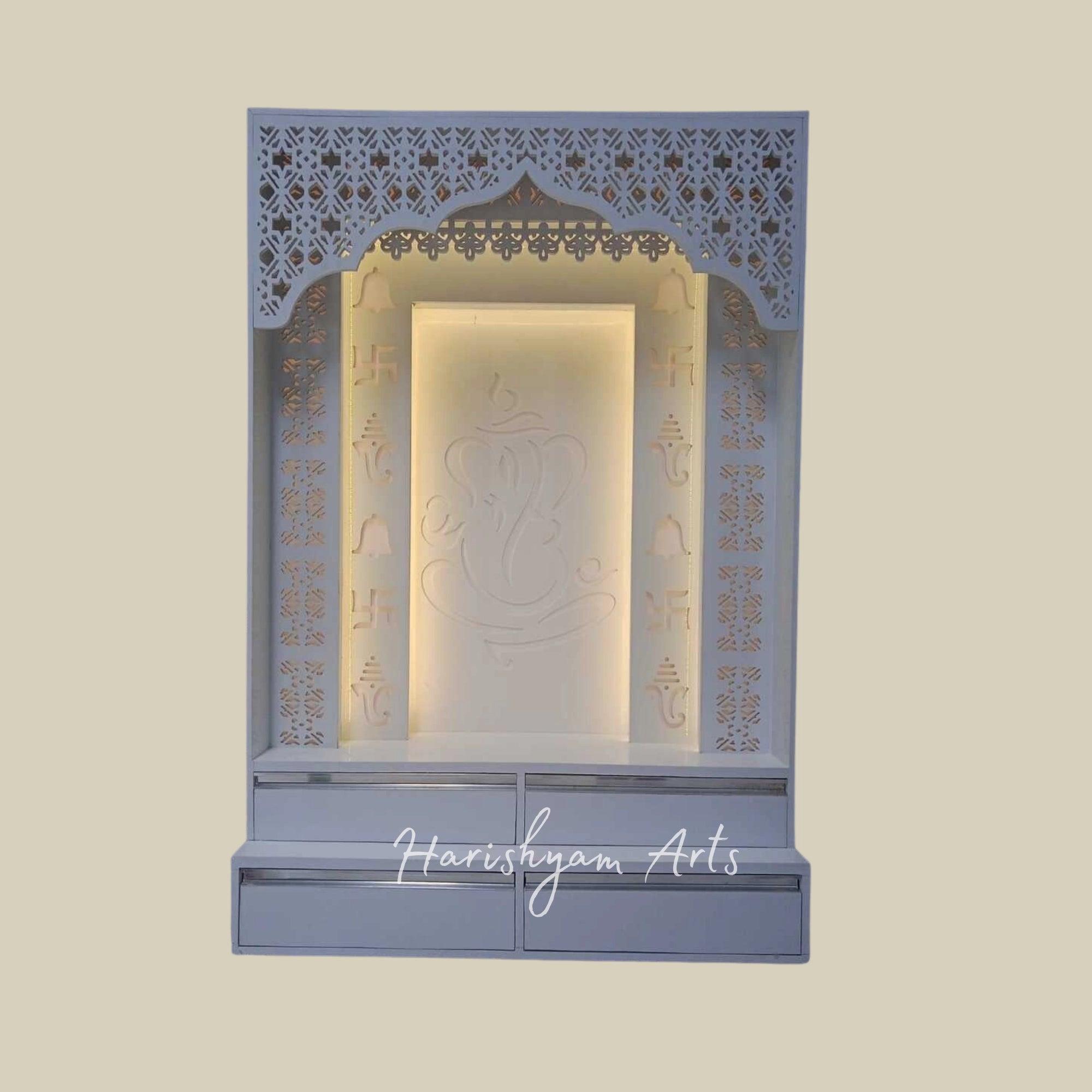 84" White Corian Mandir with Ganesh ji Backlit Panel
4