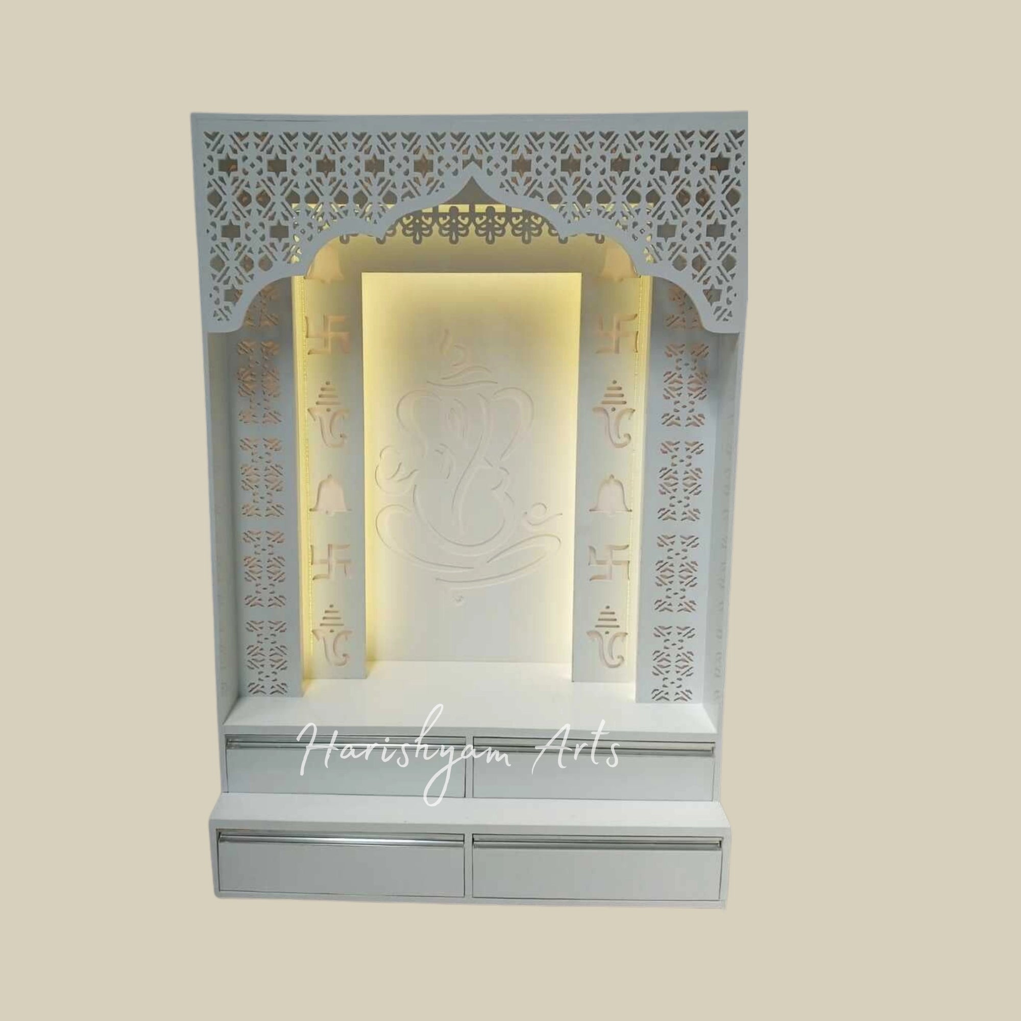 84" White Corian Mandir with Ganesh ji Backlit Panel
5