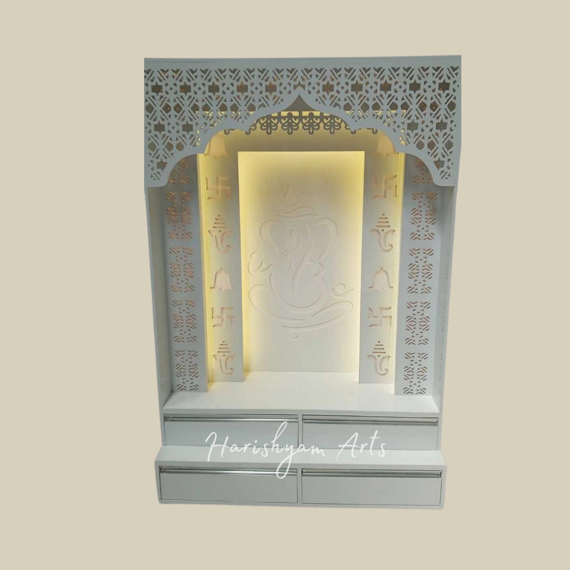 84" White Corian Mandir with Ganesh ji Backlit Panel
6