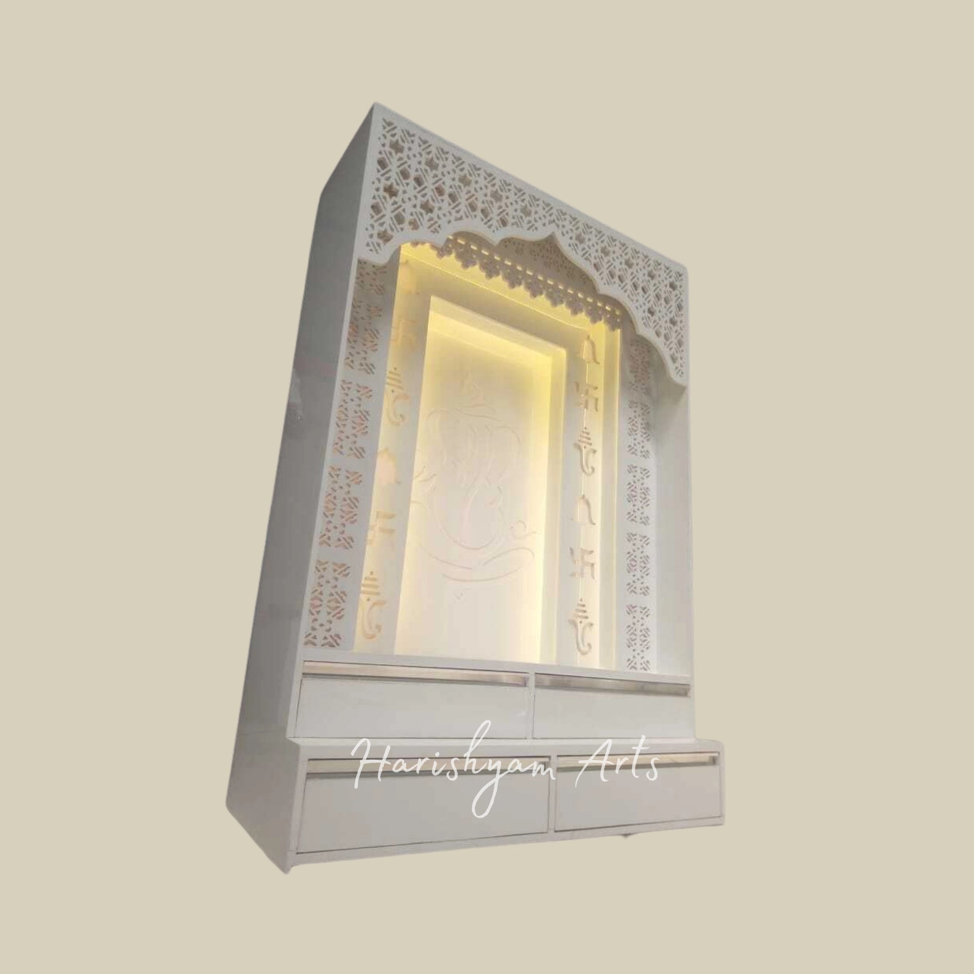 84" White Corian Mandir with Ganesh ji Backlit Panel
7