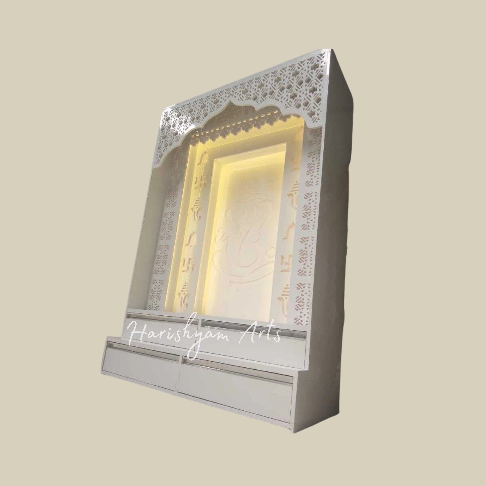 84" White Corian Mandir with Ganesh ji Backlit Panel
8