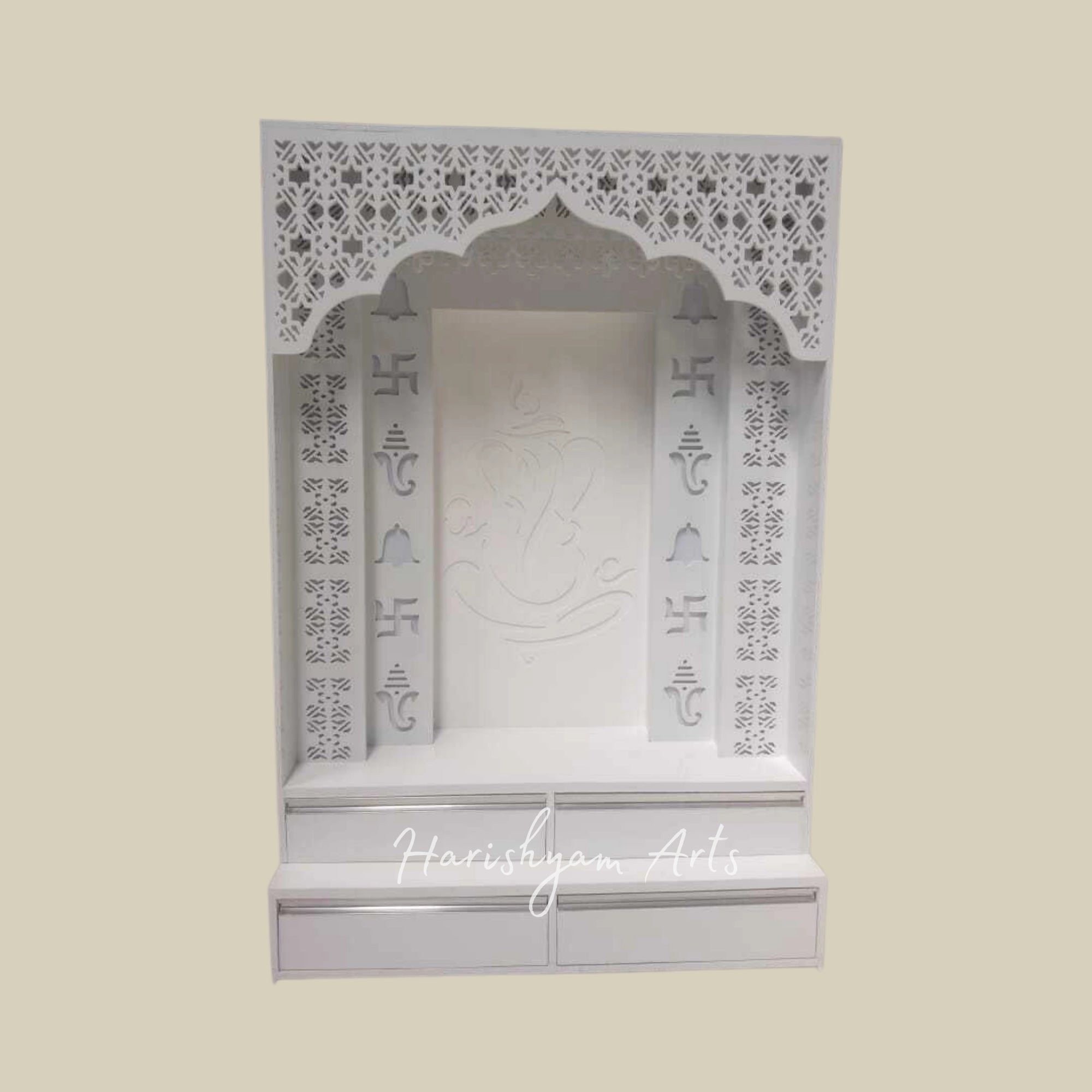 84" White Corian Mandir with Ganesh ji Backlit Panel
9
