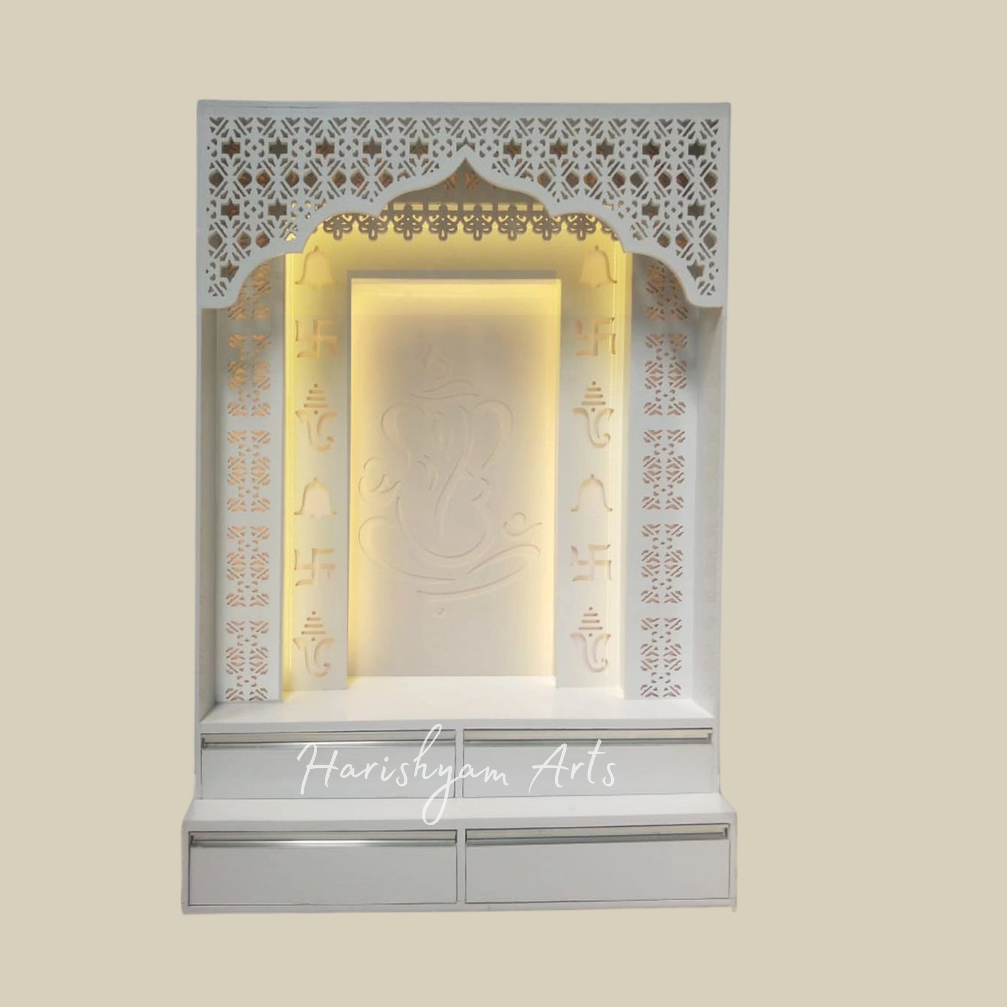 84" White Corian Mandir with Ganesh ji Backlit Panel