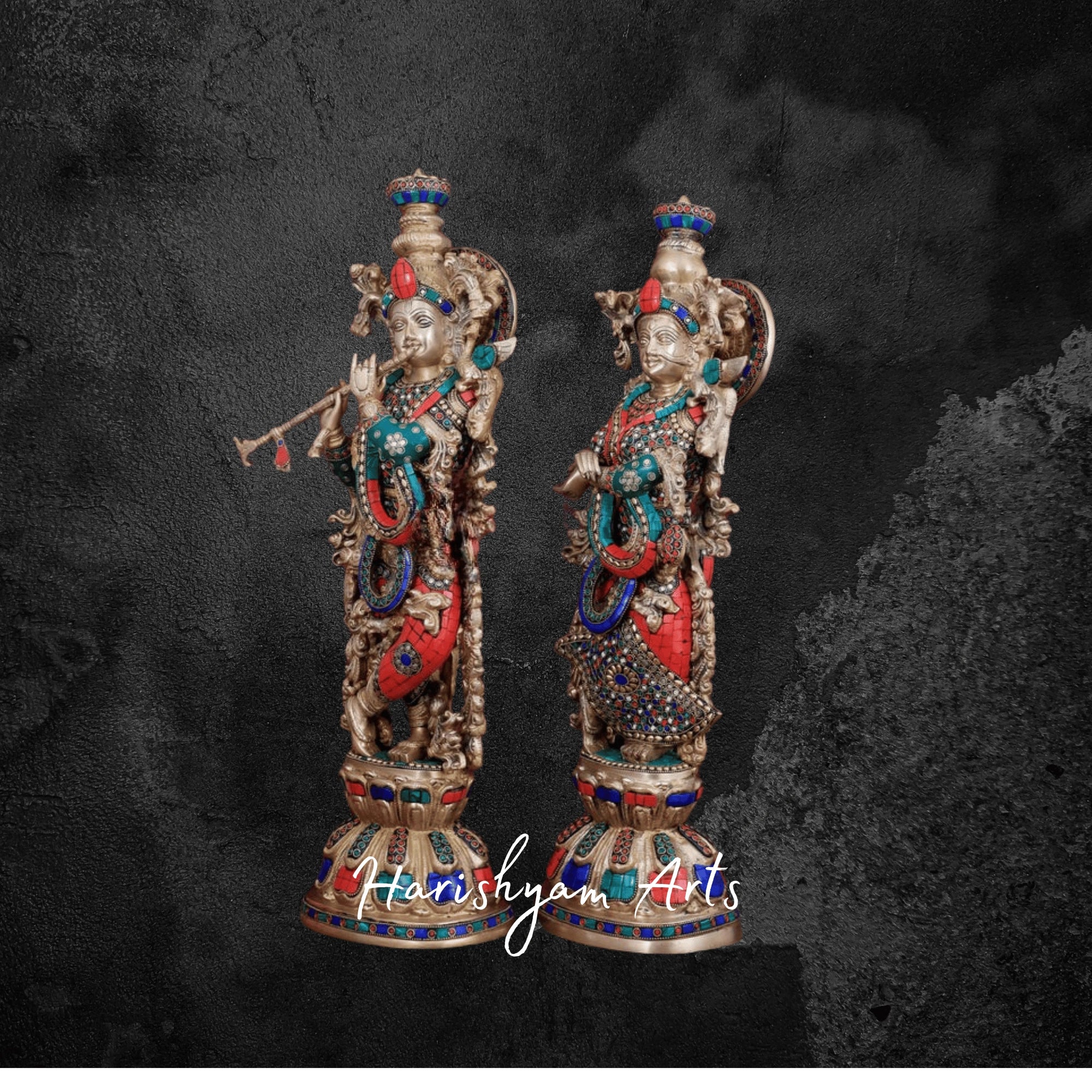 16" Brass Radha Krishna with Cow Idol in Superfine Finish