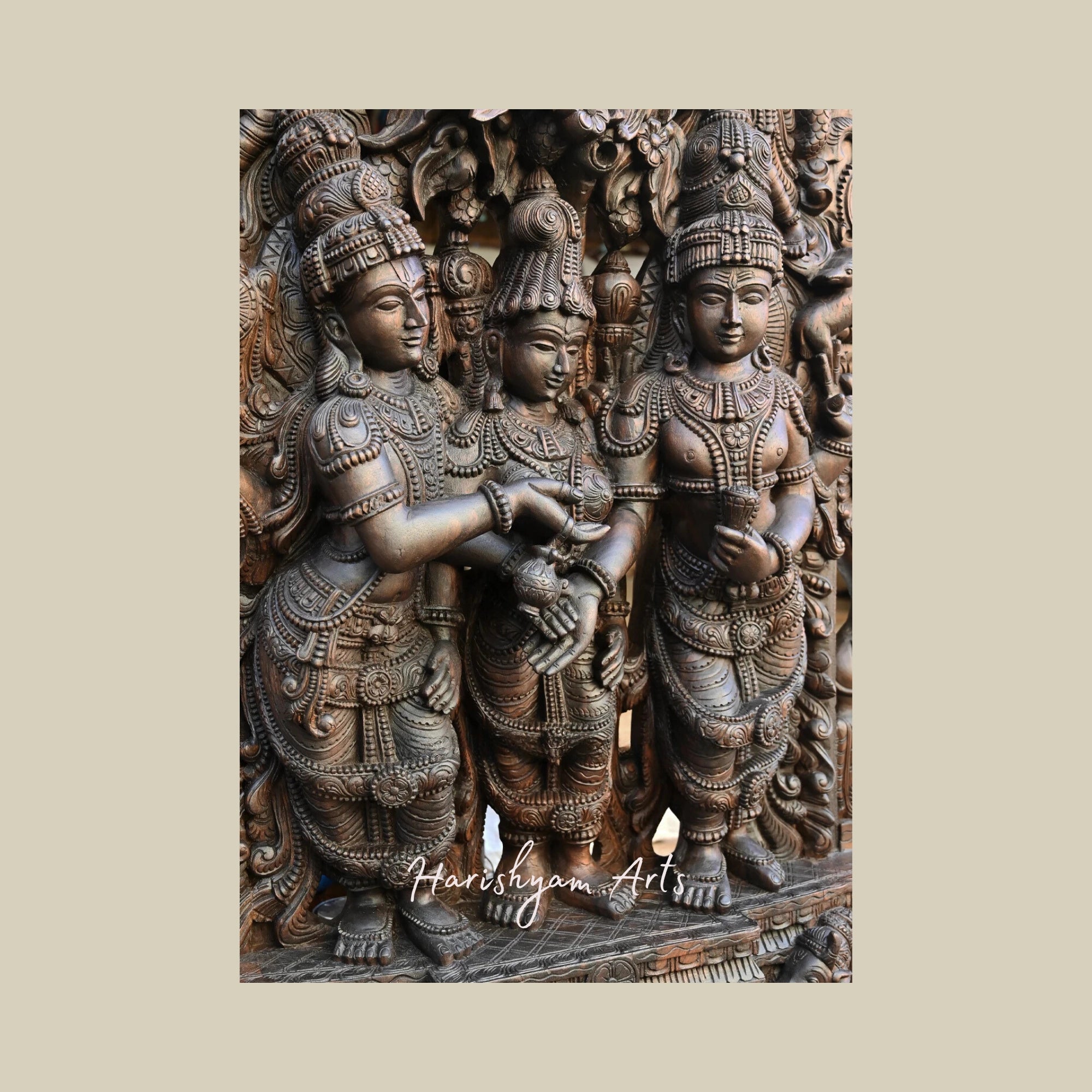 87" Thirukalyanakolam of Goddess Meenakshi with Lord Shiva and Mahavishnu Wooden Shiva Jali Work Statue