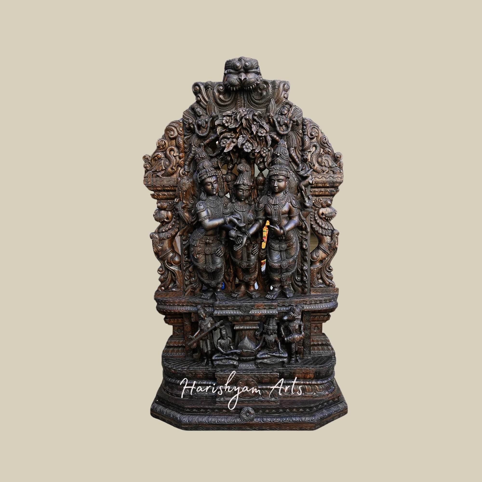 87" Thirukalyanakolam of Goddess Meenakshi with Lord Shiva and Mahavishnu Wooden Shiva Jali Work Statue1