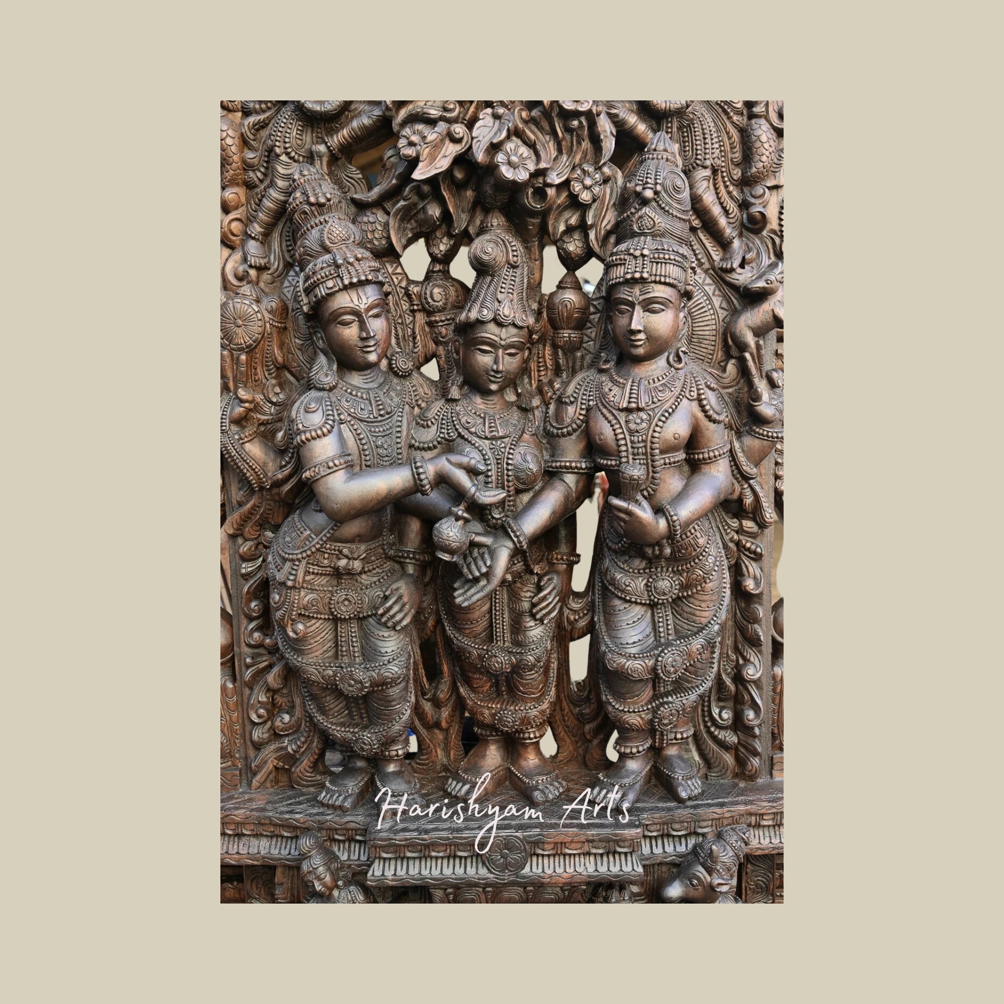 87" Thirukalyanakolam of Goddess Meenakshi with Lord Shiva and Mahavishnu Wooden Shiva Jali Work Statue2