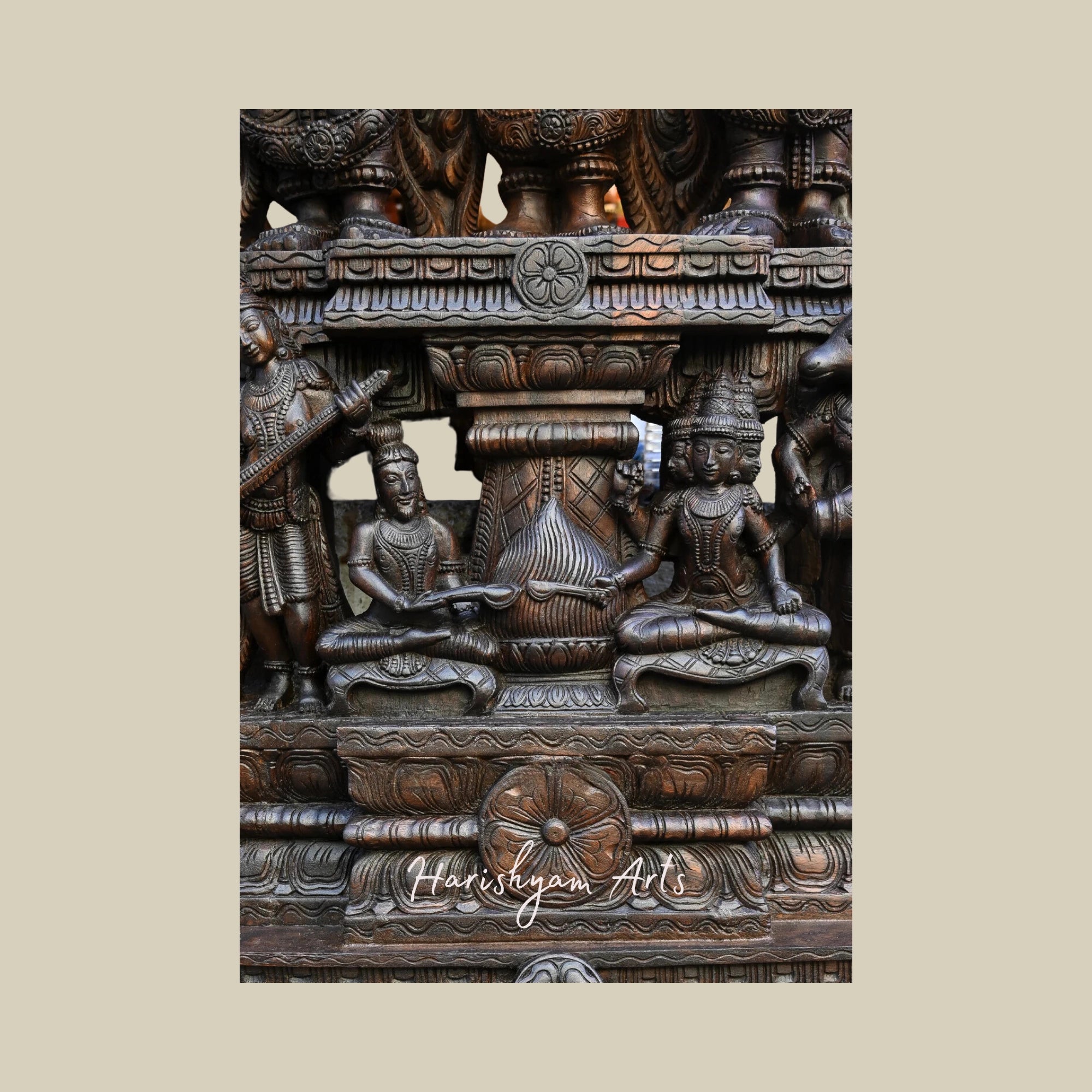 87" Thirukalyanakolam of Goddess Meenakshi with Lord Shiva and Mahavishnu Wooden Shiva Jali Work Statue4