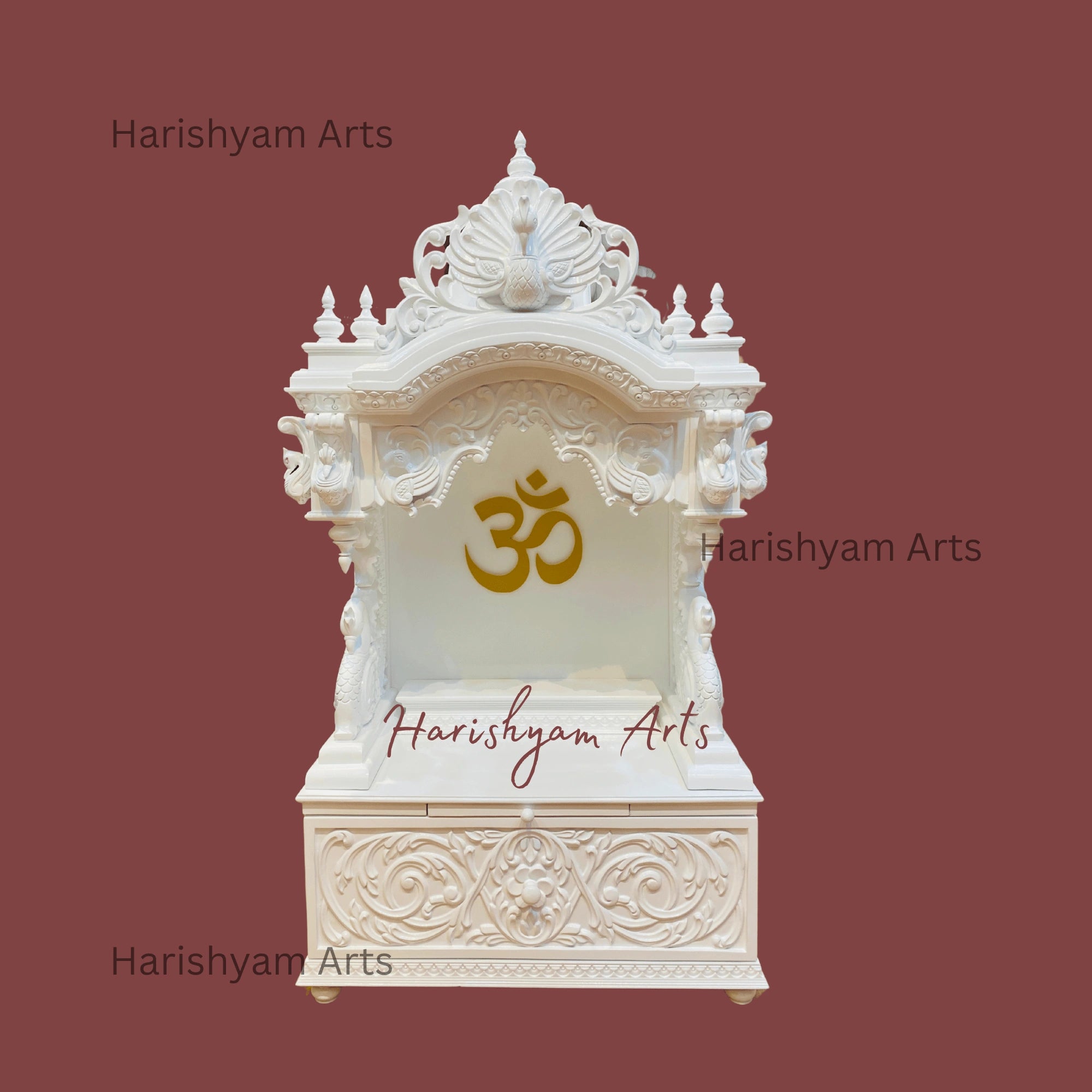 48" White Teak Wood Mandir with "Golden OM"