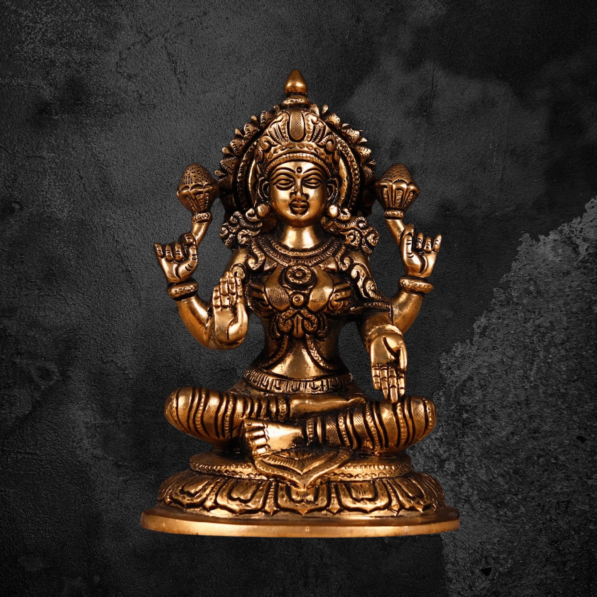 8" Antique Brass Laxmi Mata Idol with Intricate Handcrafted Details
