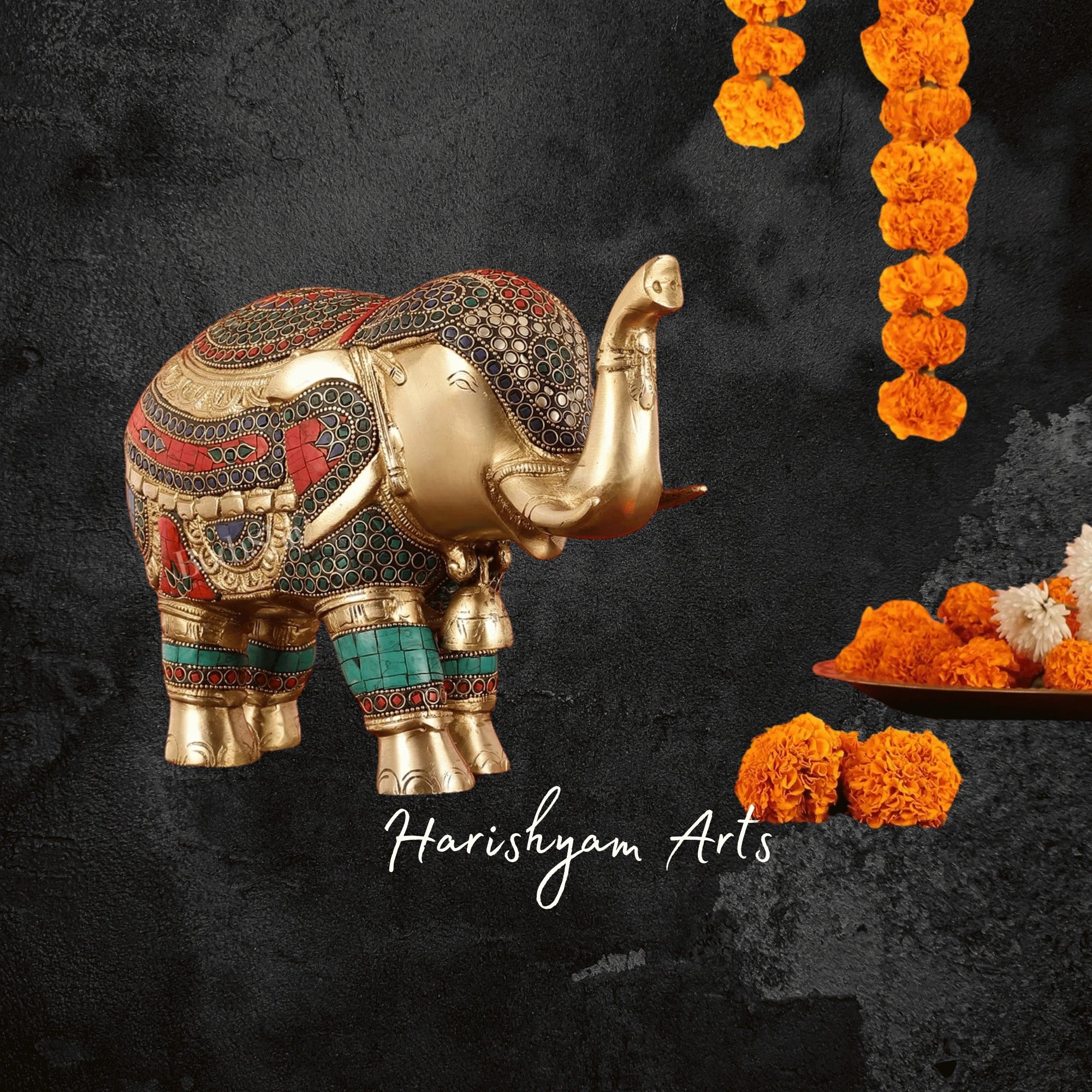 8" Brass Elephant Showpiece with Traditional Stone Embellishments