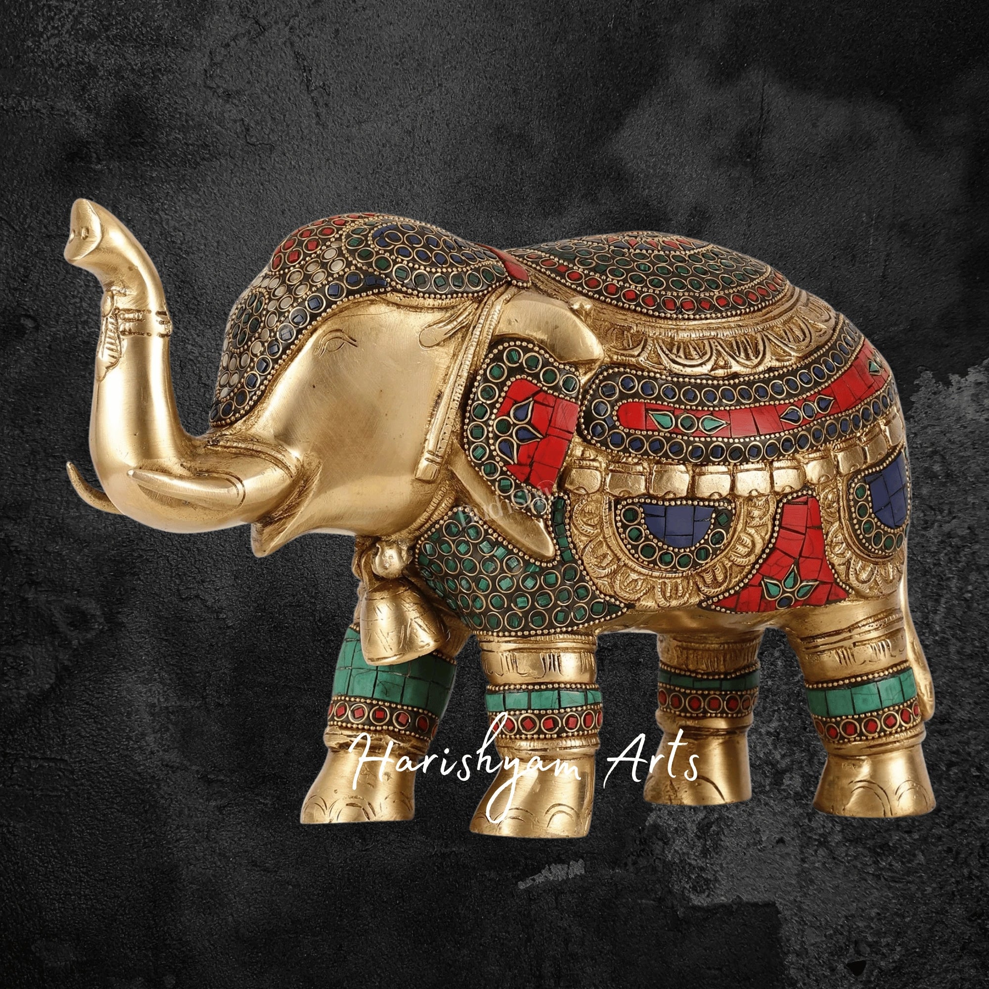 8" Brass Elephant Showpiece with Traditional Stone Embellishments