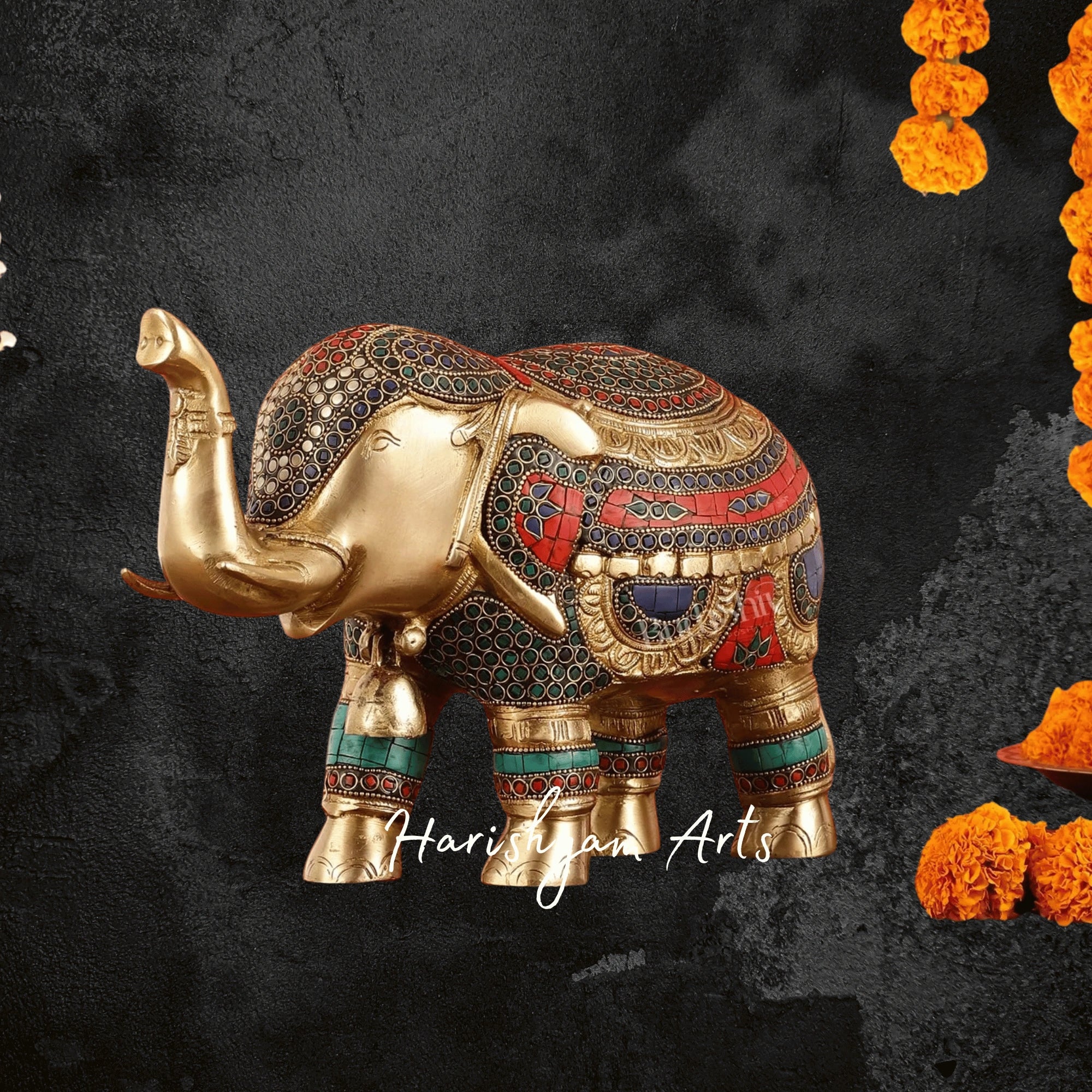 8" Brass Elephant Showpiece with Traditional Stone Embellishments
