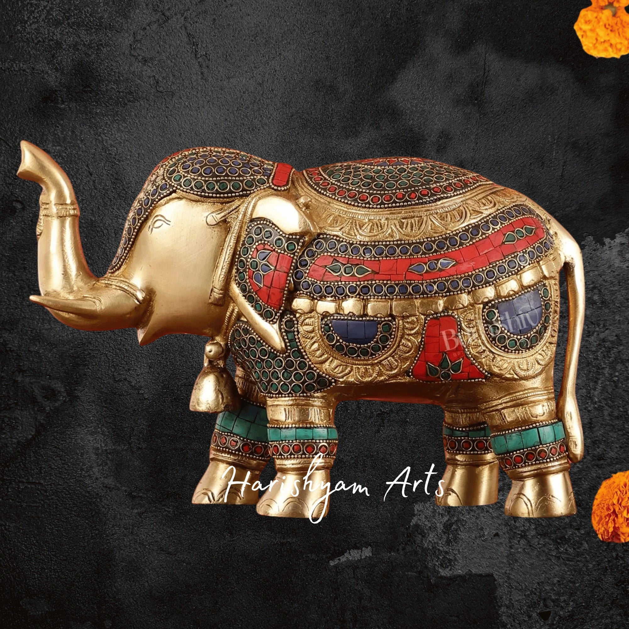 8" Brass Elephant Showpiece with Traditional Stone Embellishments