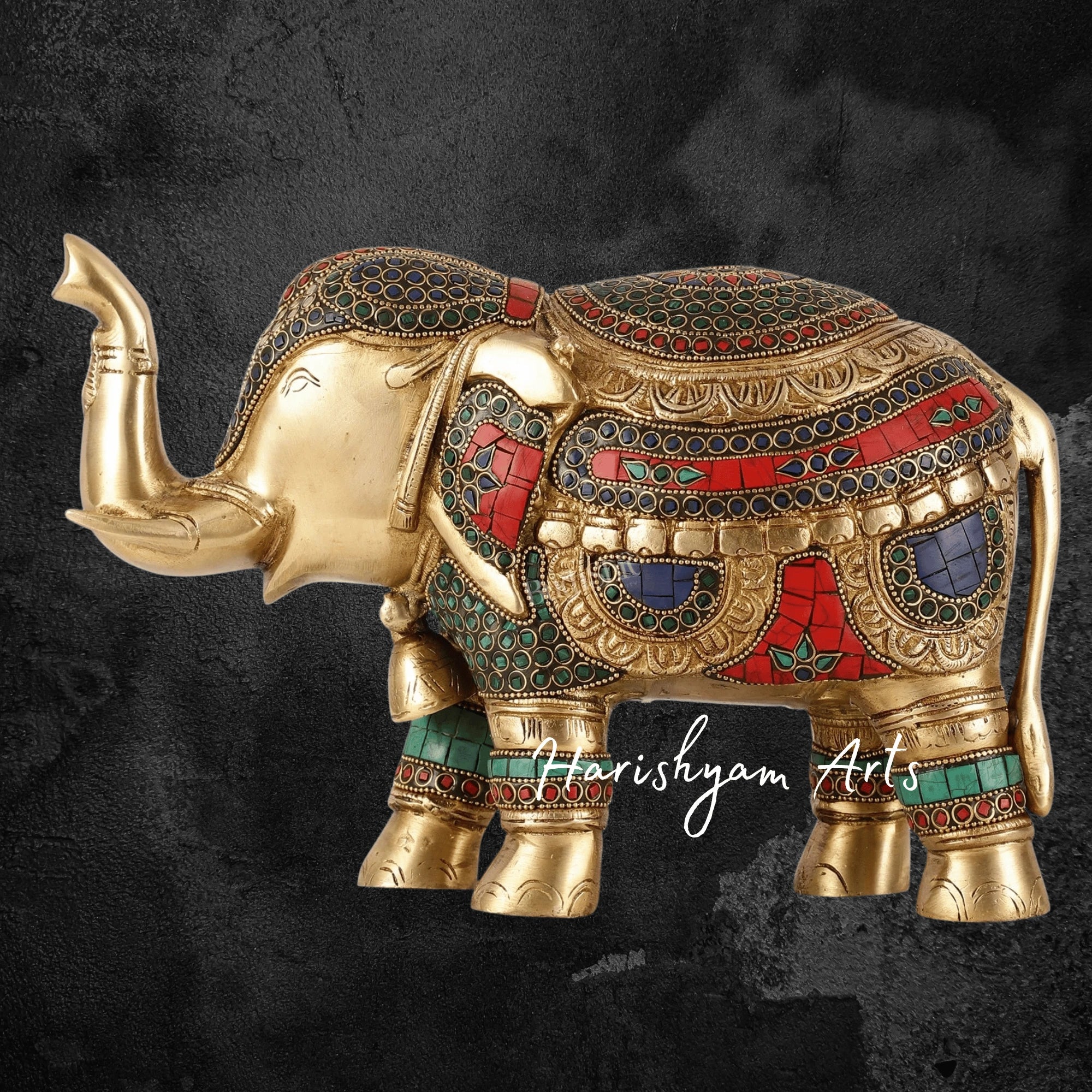 8" Brass Elephant Showpiece with Traditional Stone Embellishments