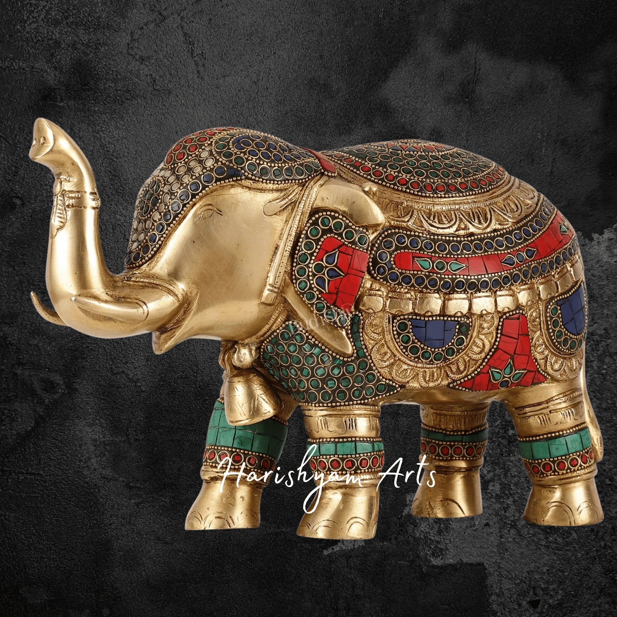8" Brass Elephant Showpiece with Traditional Stone Embellishments