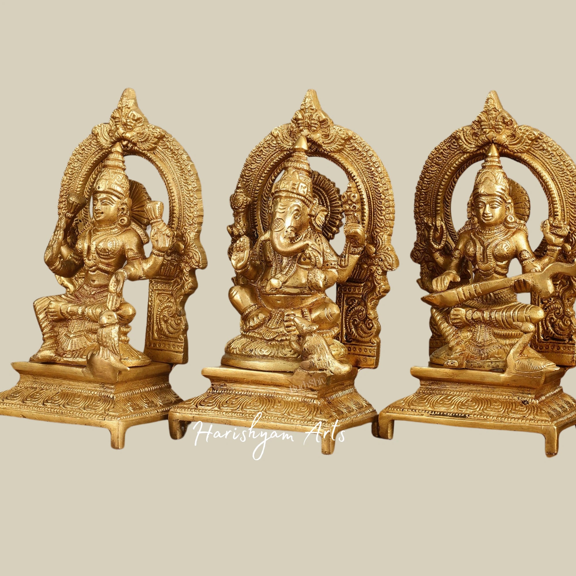 8" Brass Sculpture Set of Lakshmi, Saraswati, and Ganesha for Temple Spaces