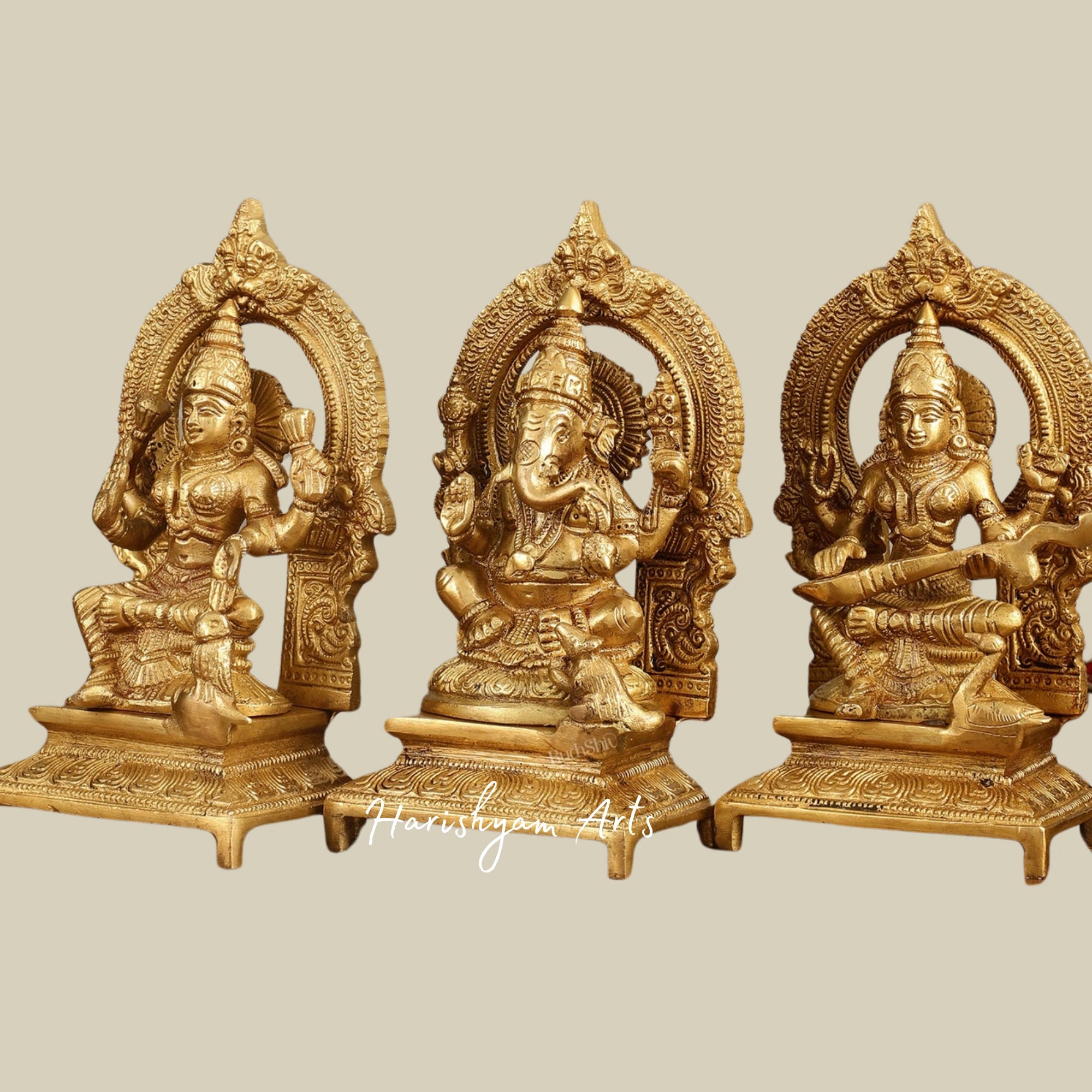 8" Brass Sculpture Set of Lakshmi, Saraswati, and Ganesha for Temple Spaces1