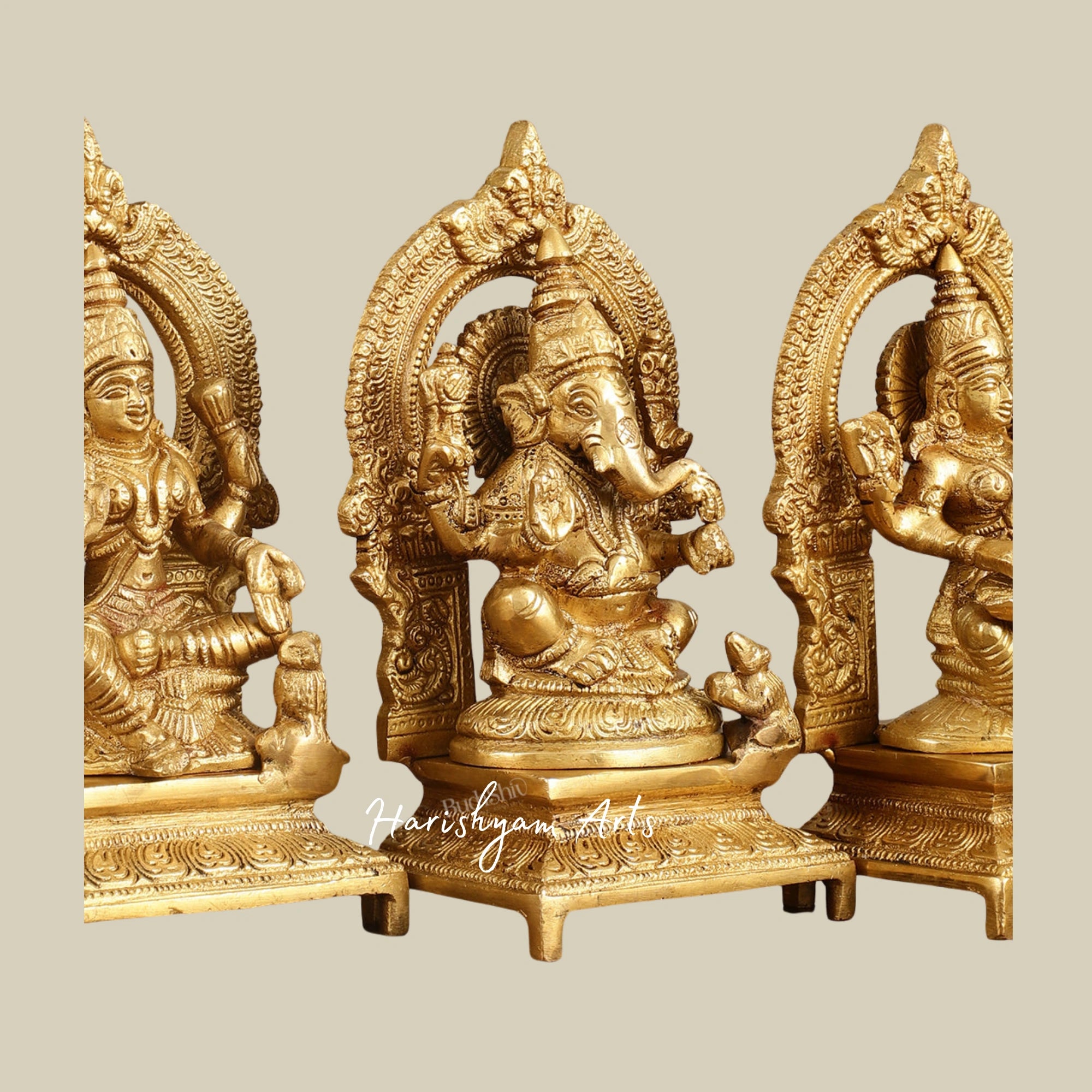 8" Brass Sculpture Set of Lakshmi, Saraswati, and Ganesha for Temple Spaces2