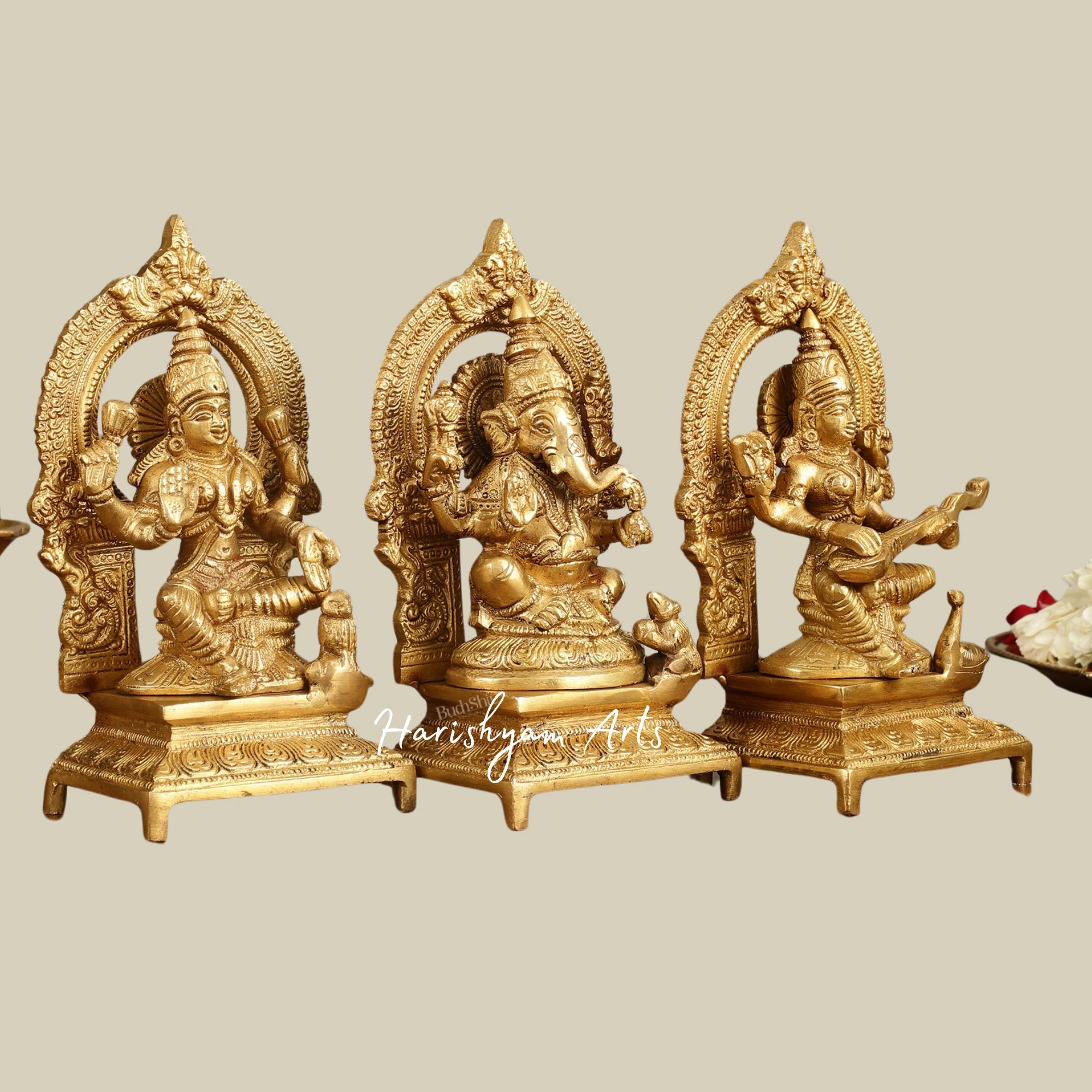 8" Brass Sculpture Set of Lakshmi, Saraswati, and Ganesha for Temple Spaces3