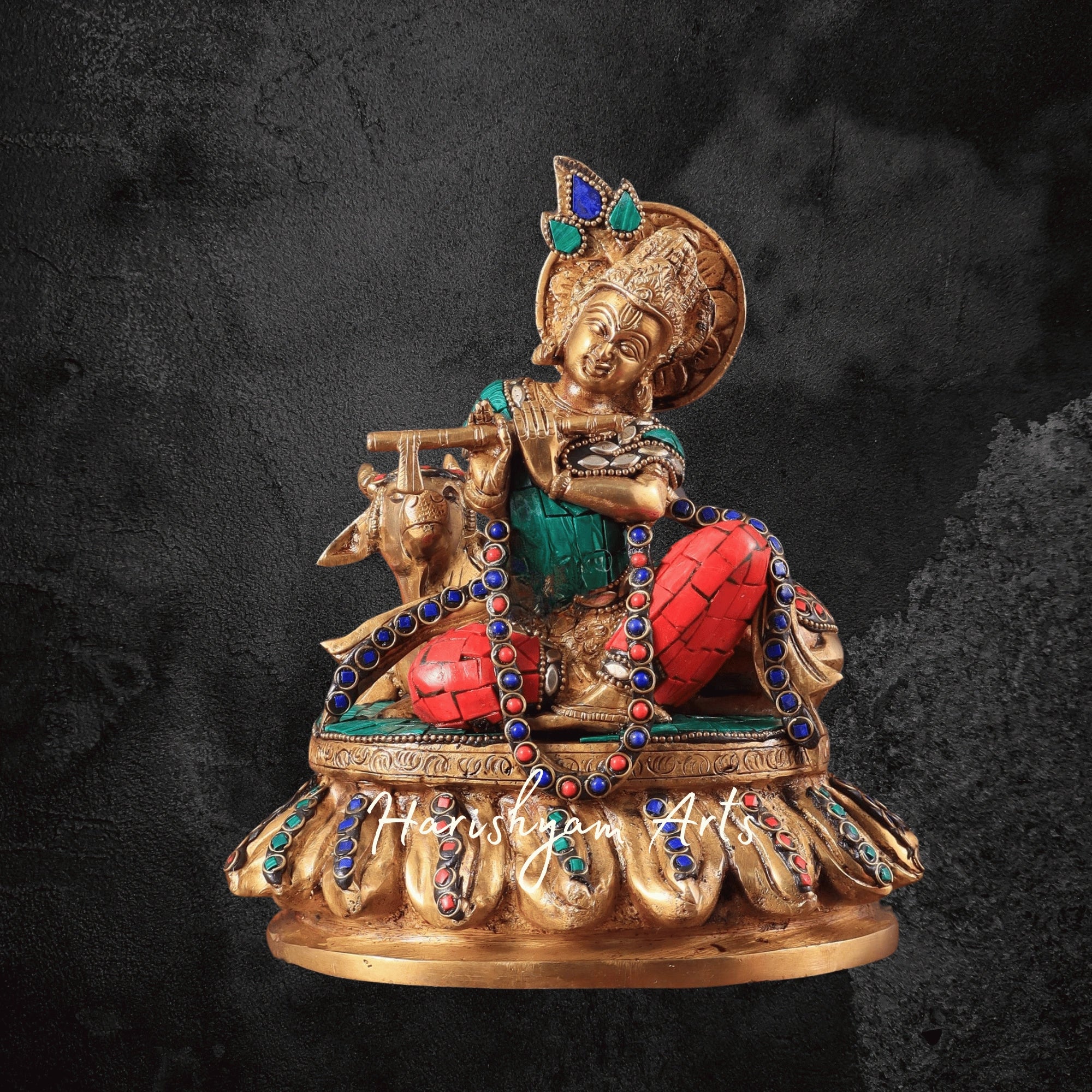 8" Detailed Brass Sri Krishna Murti Accompanied by Sacred Cow