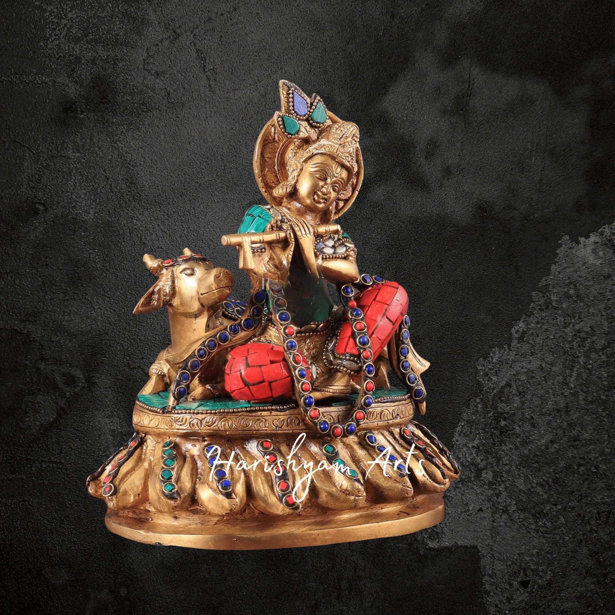 8" Detailed Brass Sri Krishna Murti Accompanied by Sacred Cow