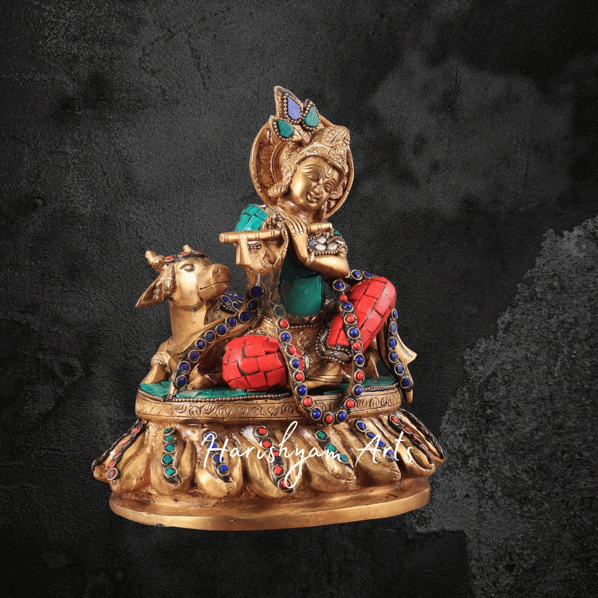 8" Detailed Brass Sri Krishna Murti Accompanied by Sacred Cow