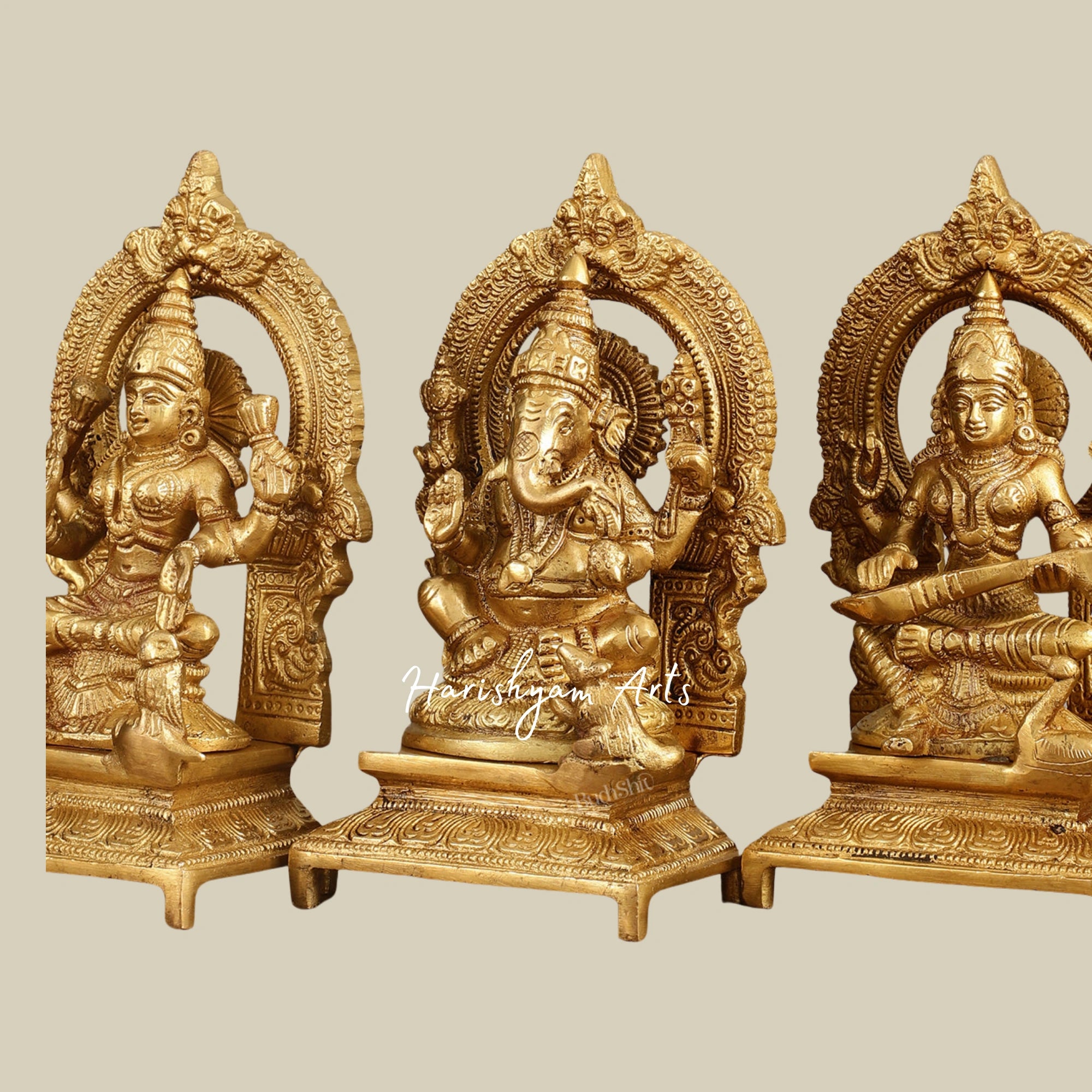 8" Elegant Brass Lakshmi Ganesha Saraswati Idols with Meenakari Work