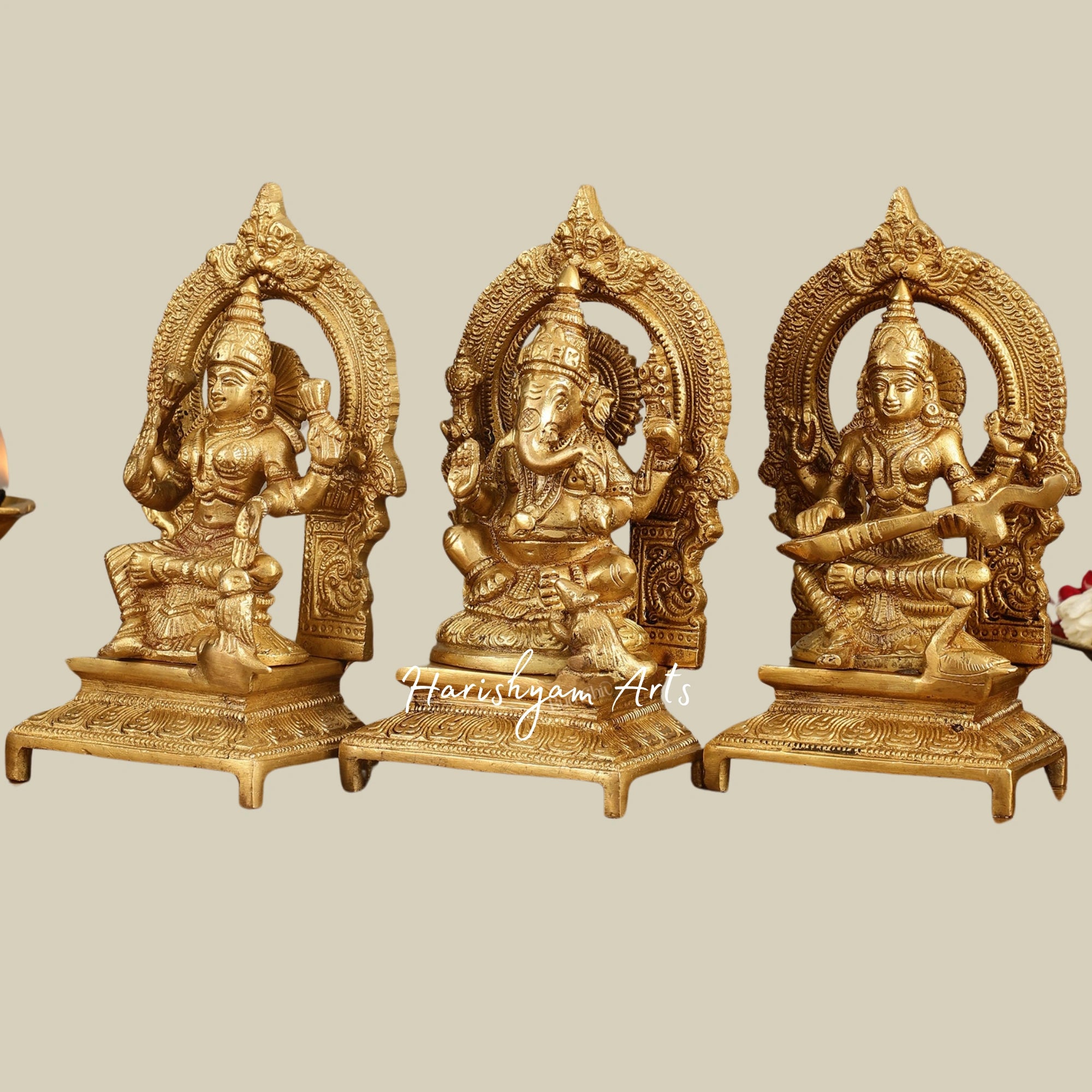 8" Elegant Brass Lakshmi Ganesha Saraswati Idols with Meenakari Work1