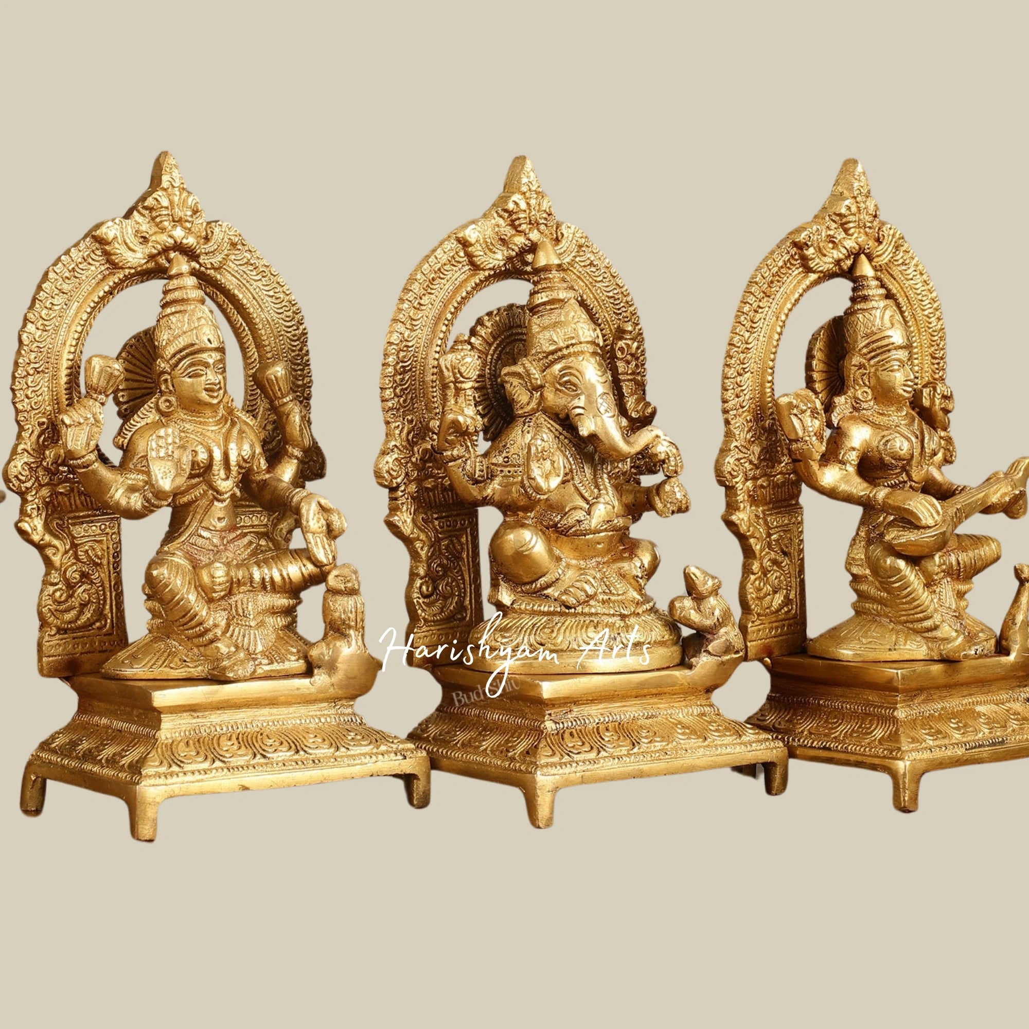 8" Elegant Brass Lakshmi Ganesha Saraswati Idols with Meenakari Work2