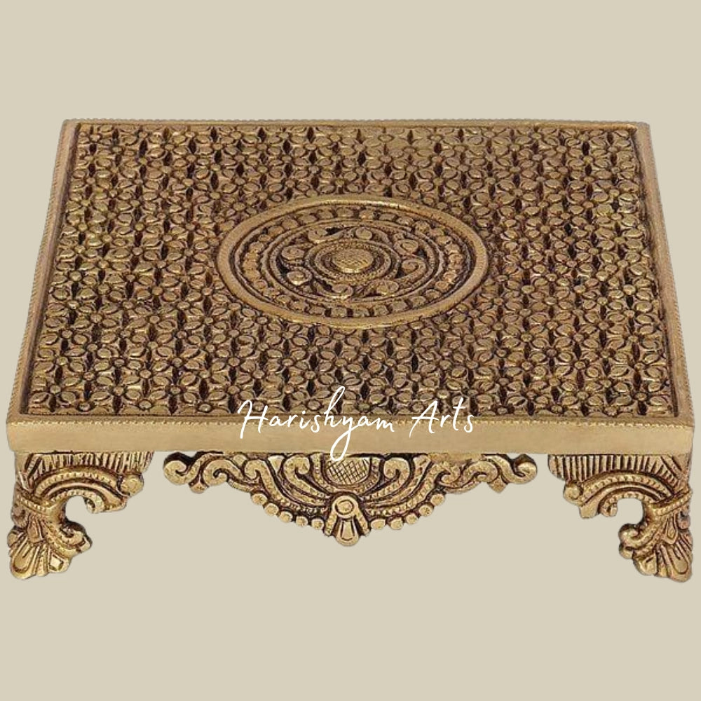8" Flowers Carved Wooden Puja Chowki