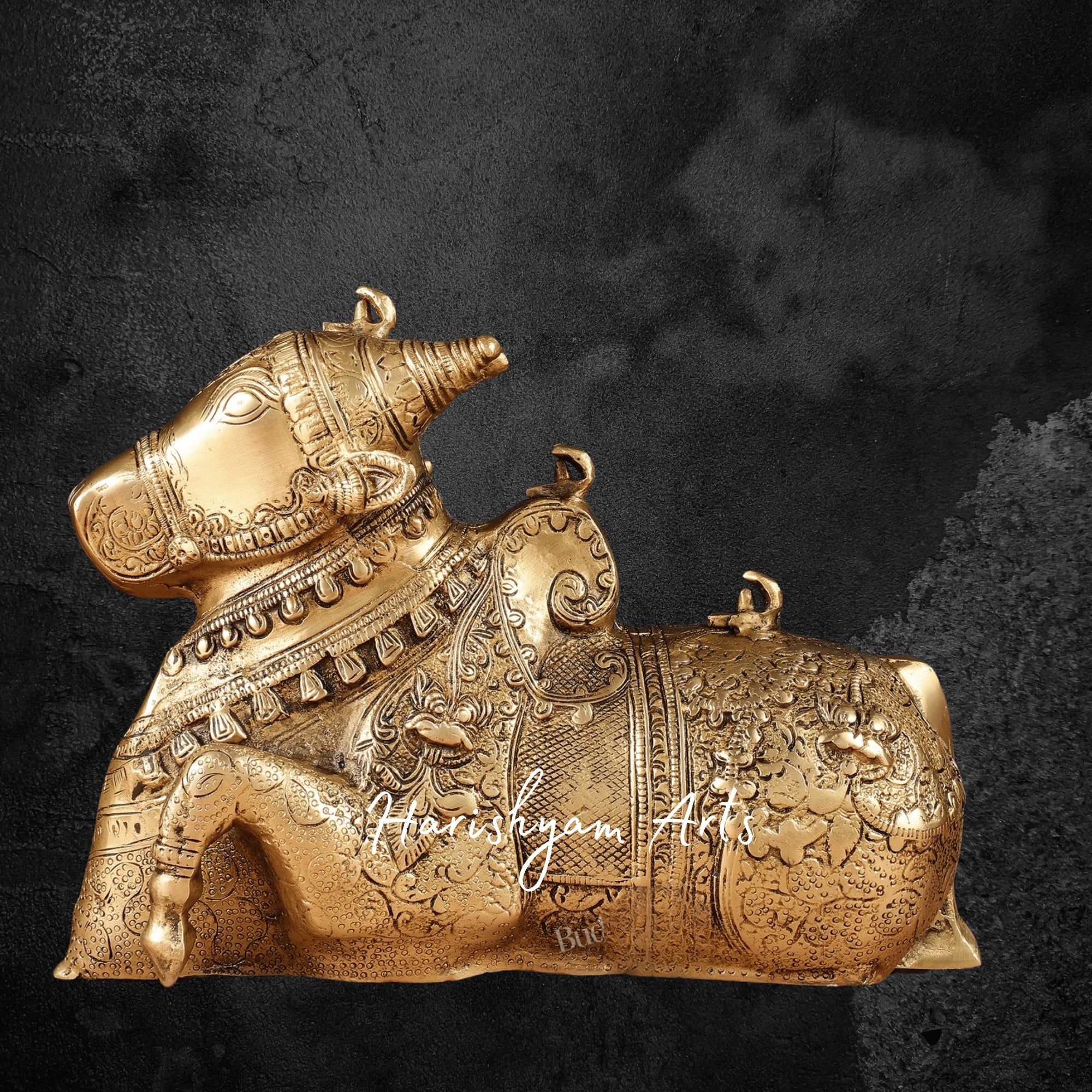 8" Fully Carved Matte Gold Brass Nandi Idol for Devotional Display