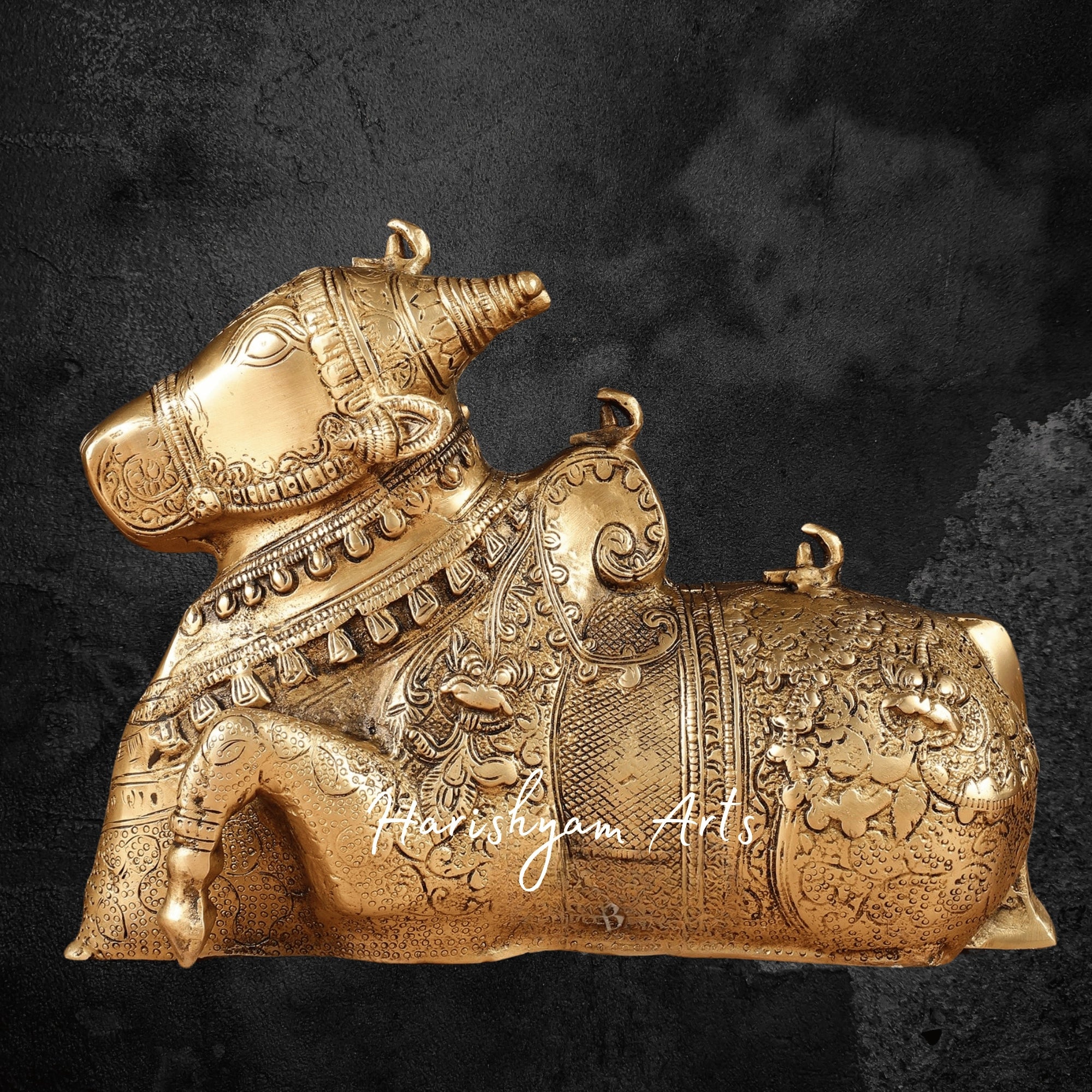 8" Fully Carved Matte Gold Brass Nandi Idol for Devotional Display