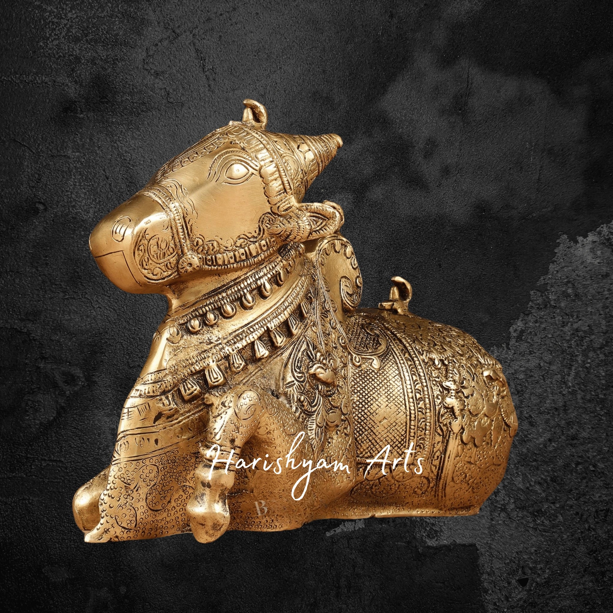 8" Fully Carved Matte Gold Brass Nandi Idol for Devotional Display