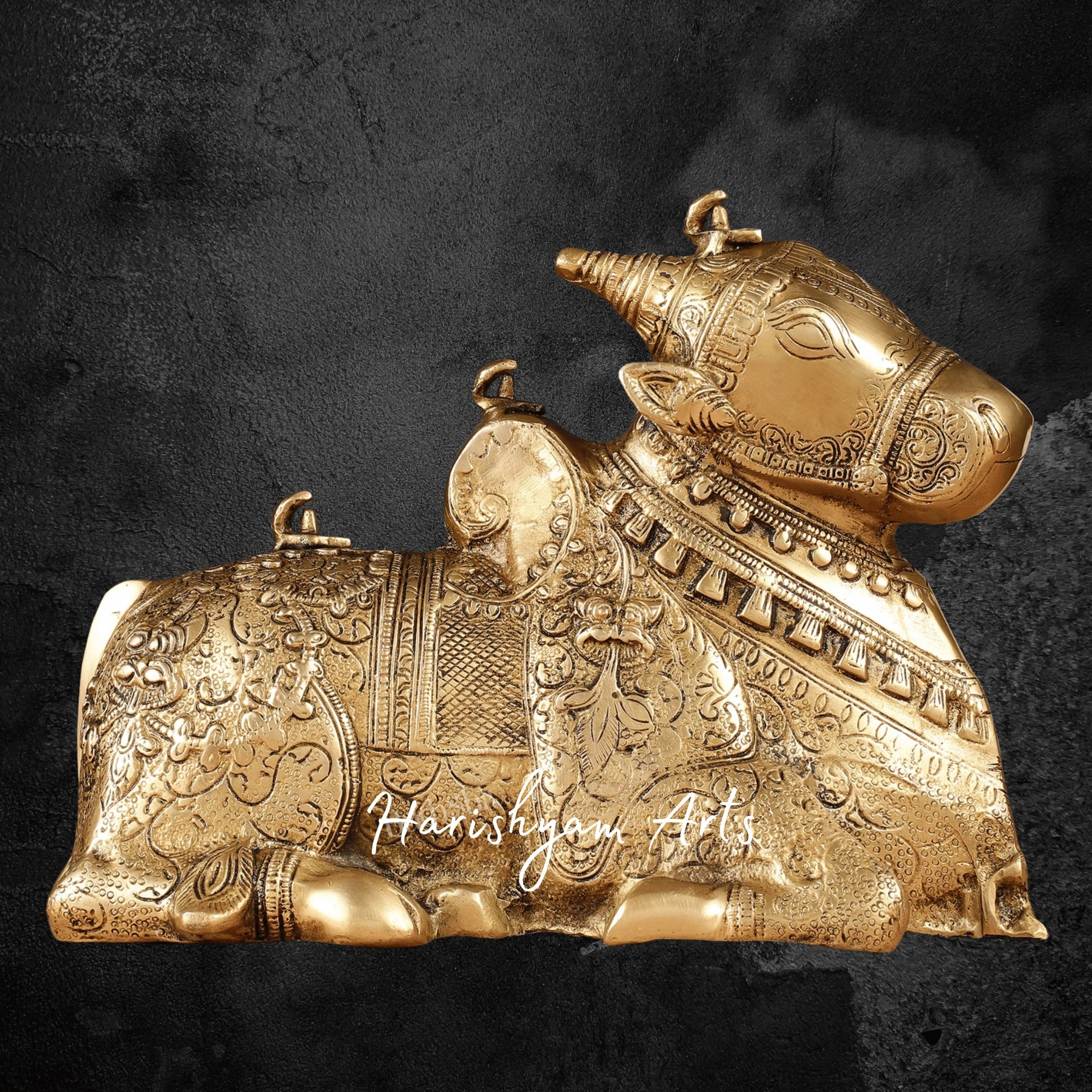 8" Fully Carved Matte Gold Brass Nandi Idol for Devotional Display