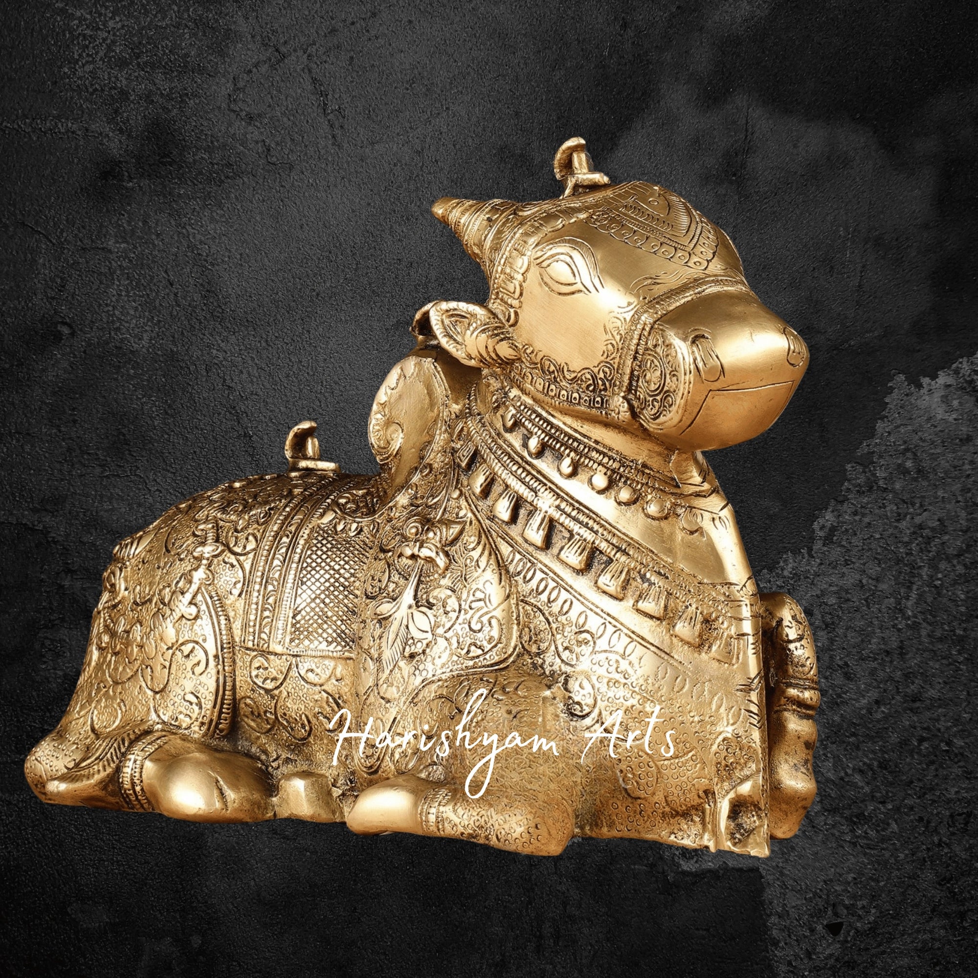8" Fully Carved Matte Gold Brass Nandi Idol for Devotional Display