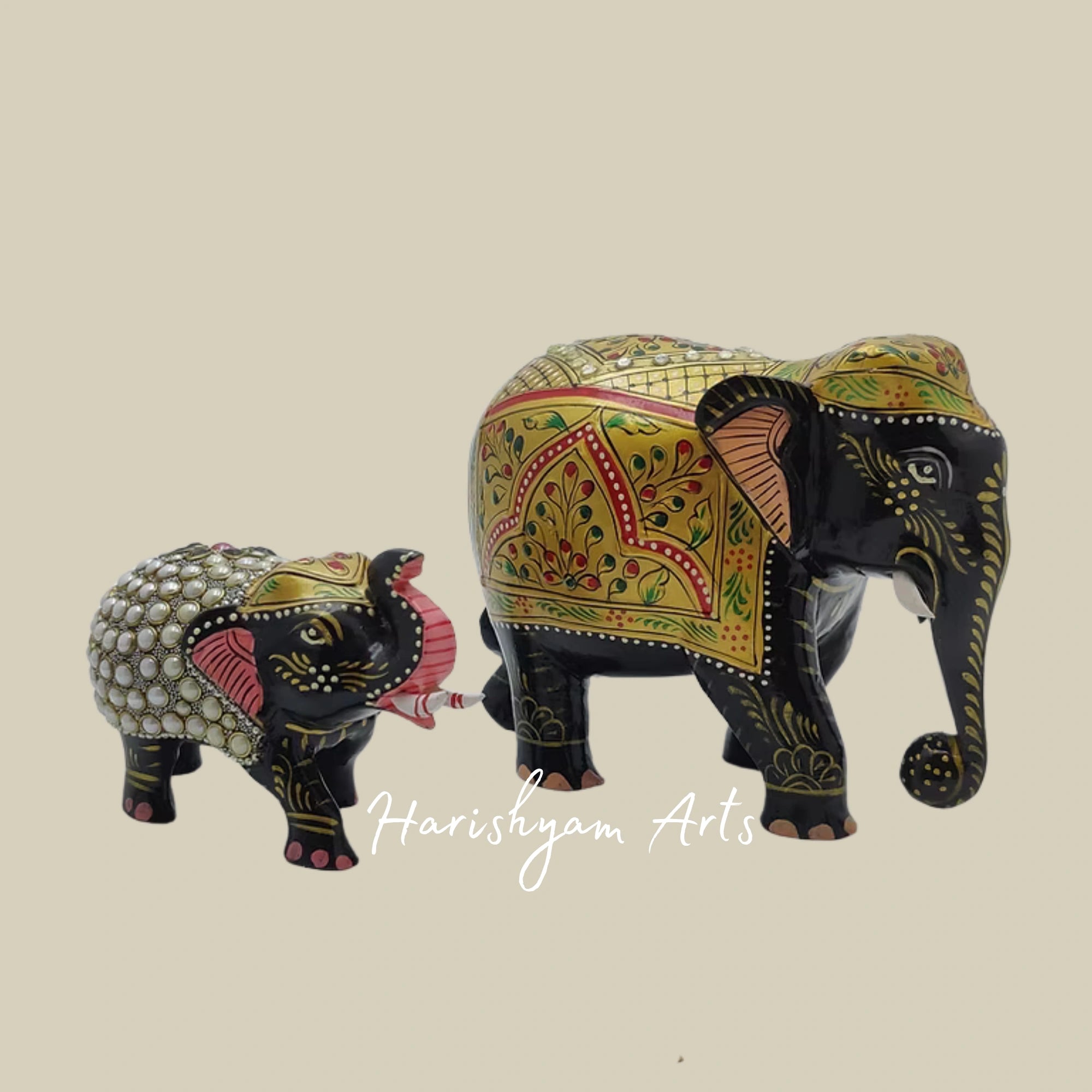 8" Hand-Painted Wooden Elephant Figurines