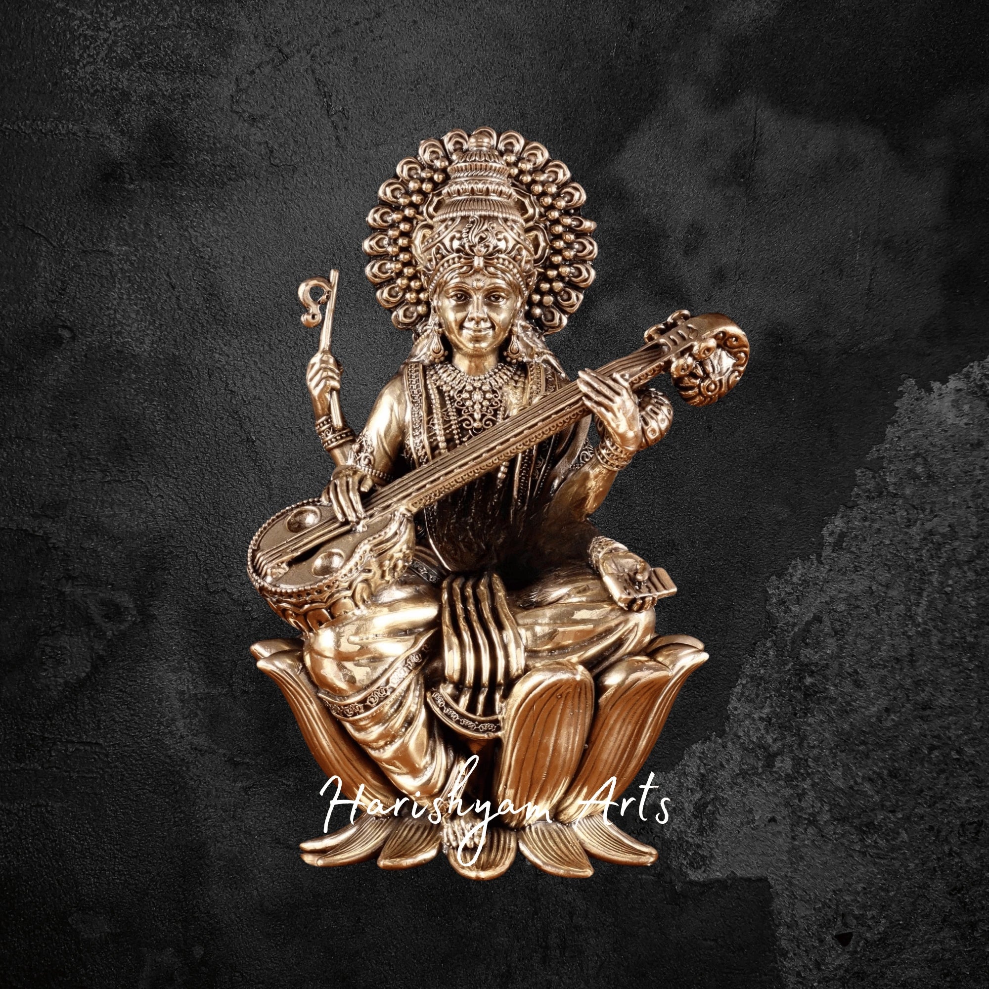 8" Tall Superfine Brass Saraswati Idol Featuring Intricate Artistic Detailing
