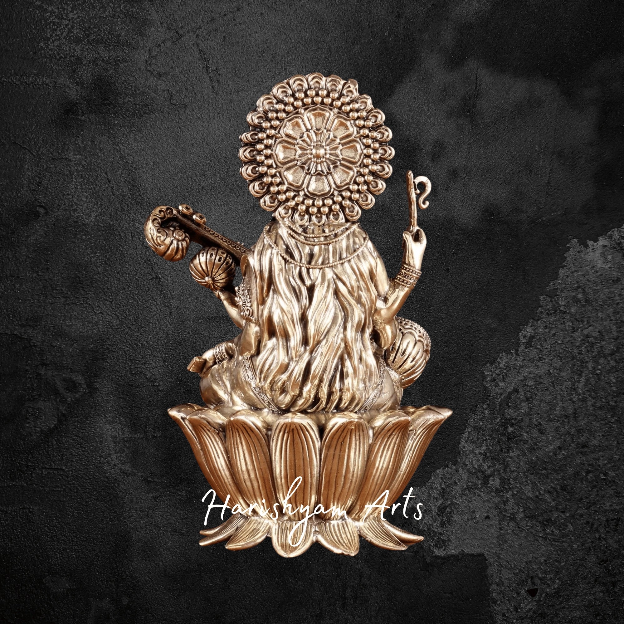 8" Tall Superfine Brass Saraswati Idol Featuring Intricate Artistic Detailing