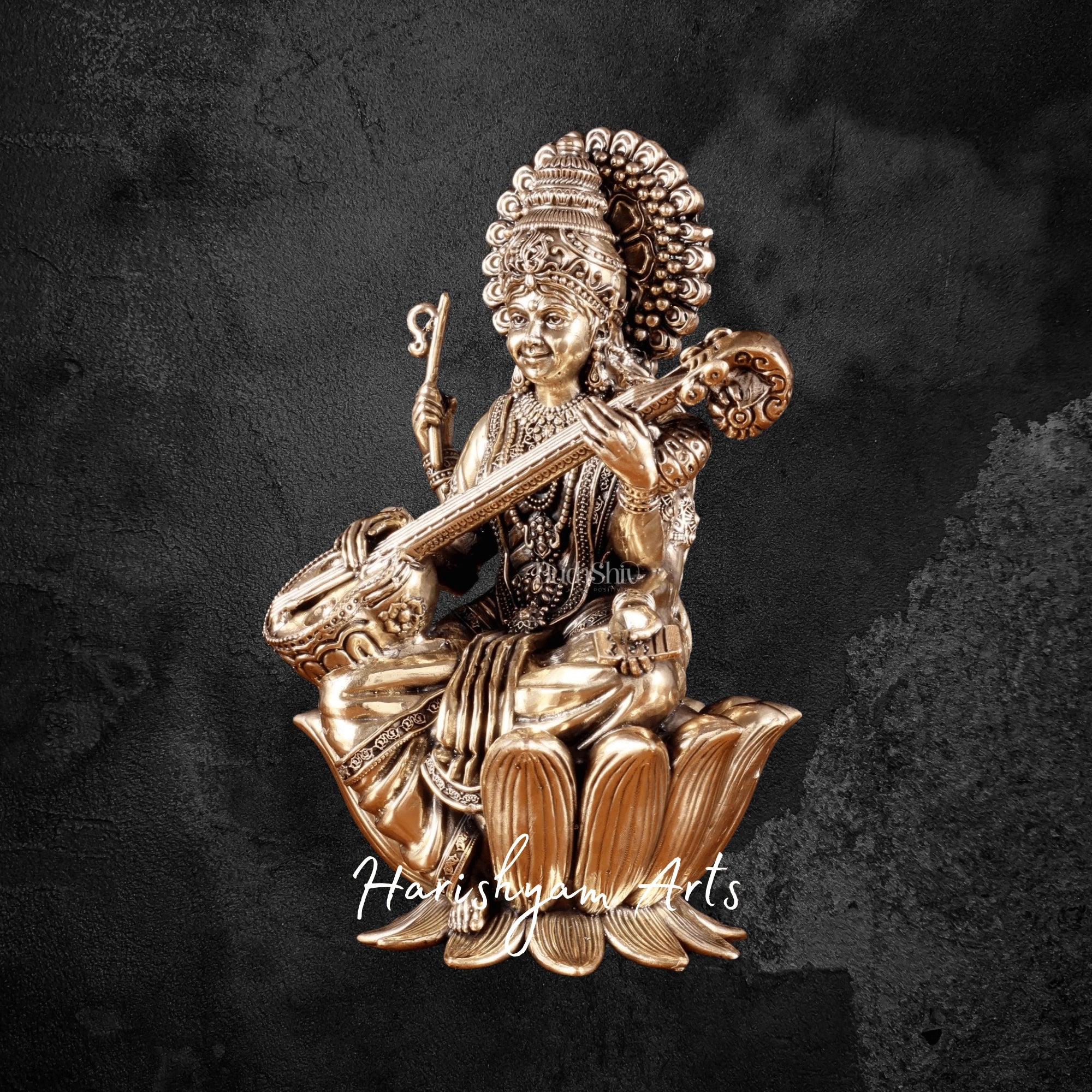 8" Tall Superfine Brass Saraswati Idol Featuring Intricate Artistic Detailing