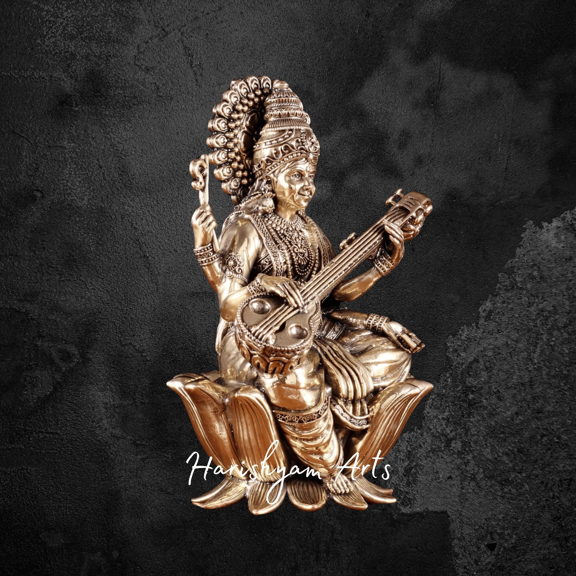 8" Tall Superfine Brass Saraswati Idol Featuring Intricate Artistic Detailing