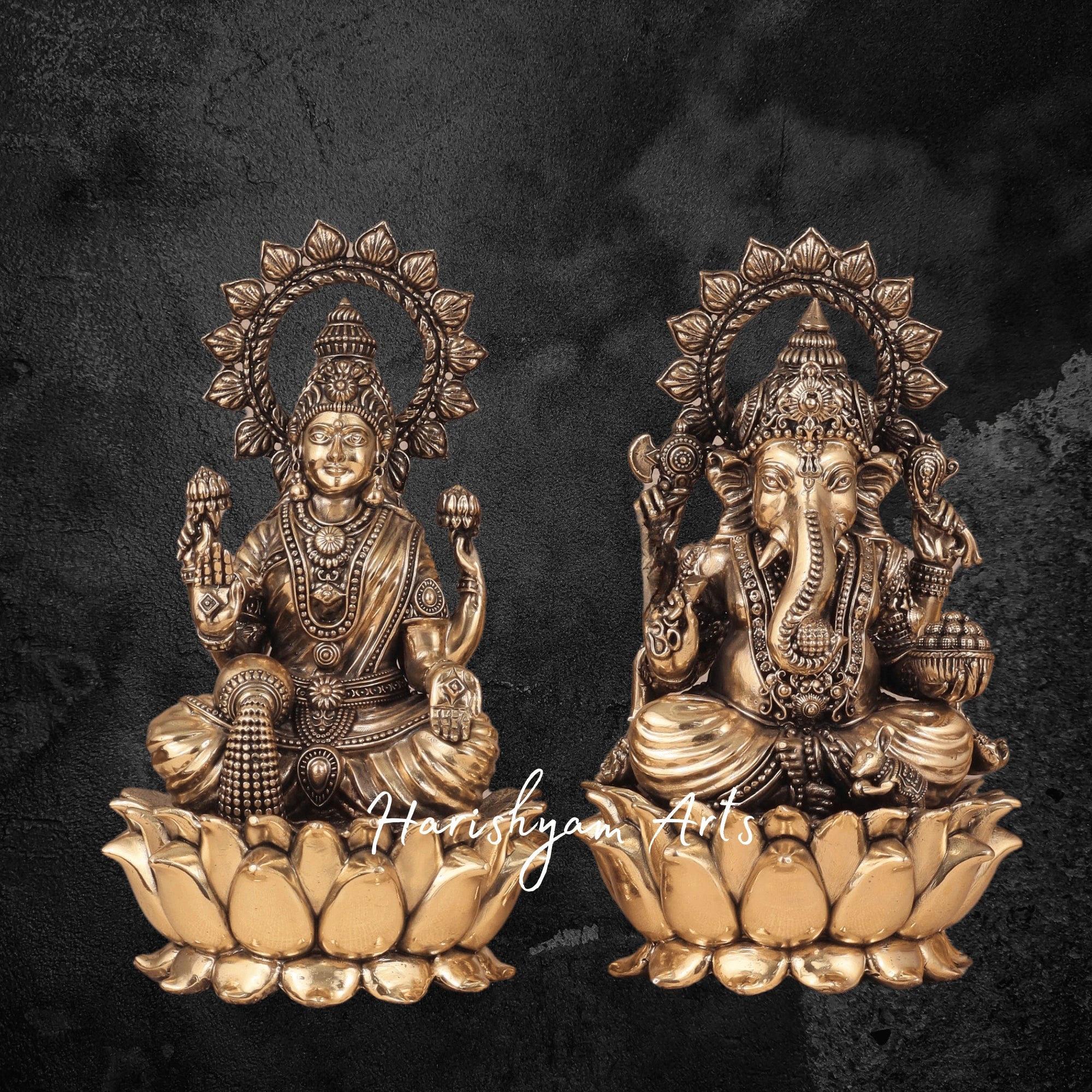 8" Laxmi Ganesh Brass Idol with Intricate Detailing