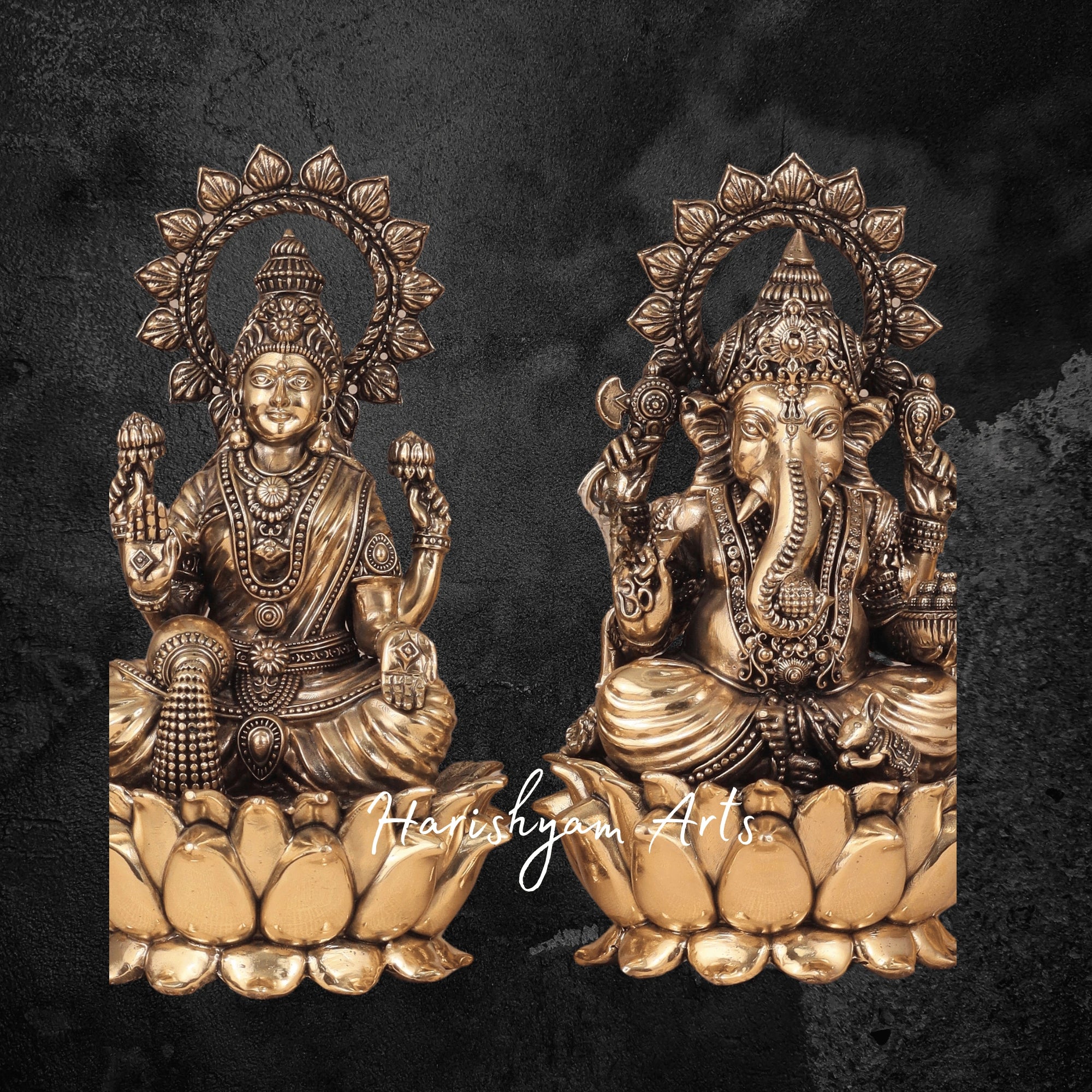 8" Laxmi Ganesh Brass Idol with Intricate Detailing