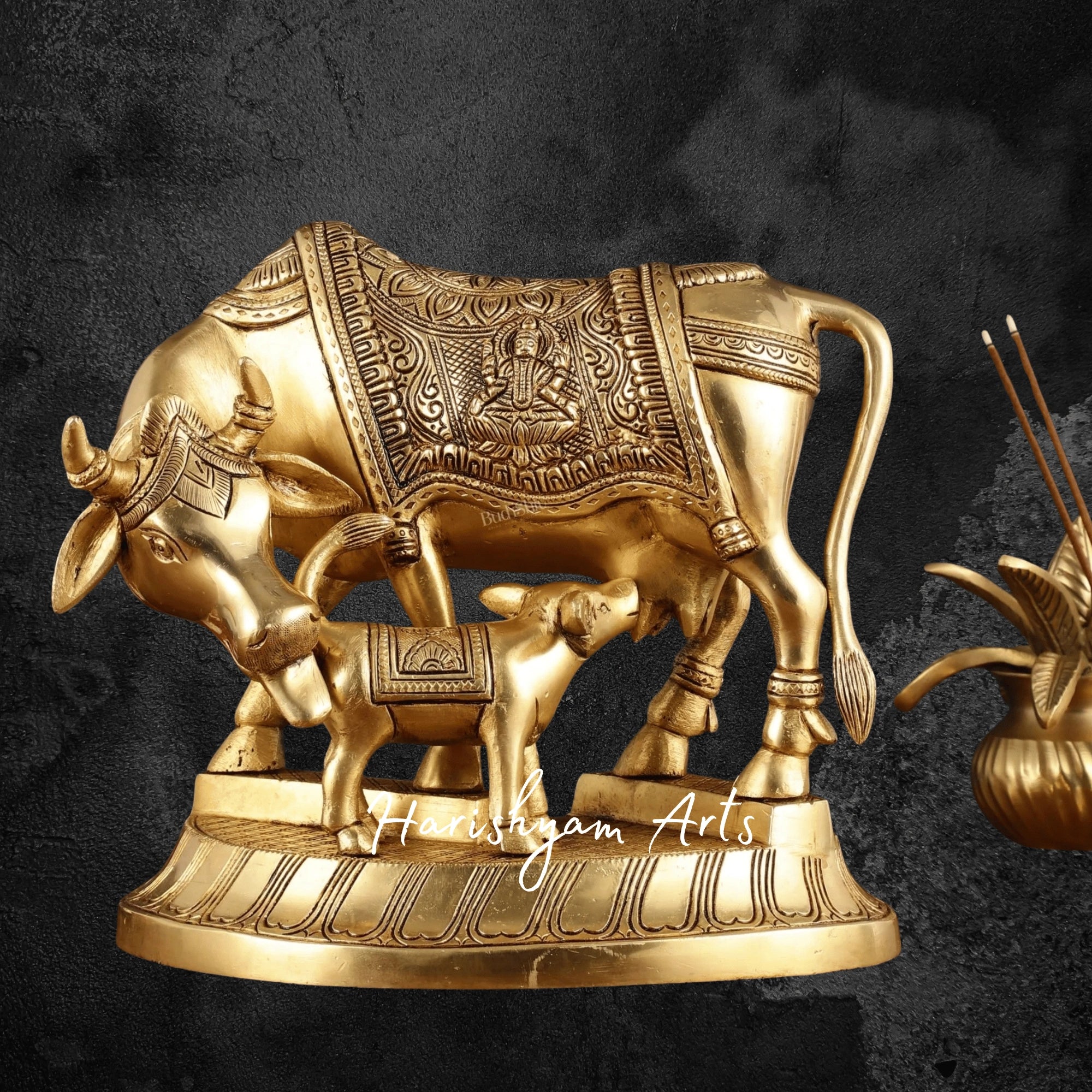 8" Premium Pure Brass Kamdhenu Cow with Calf Sculpture